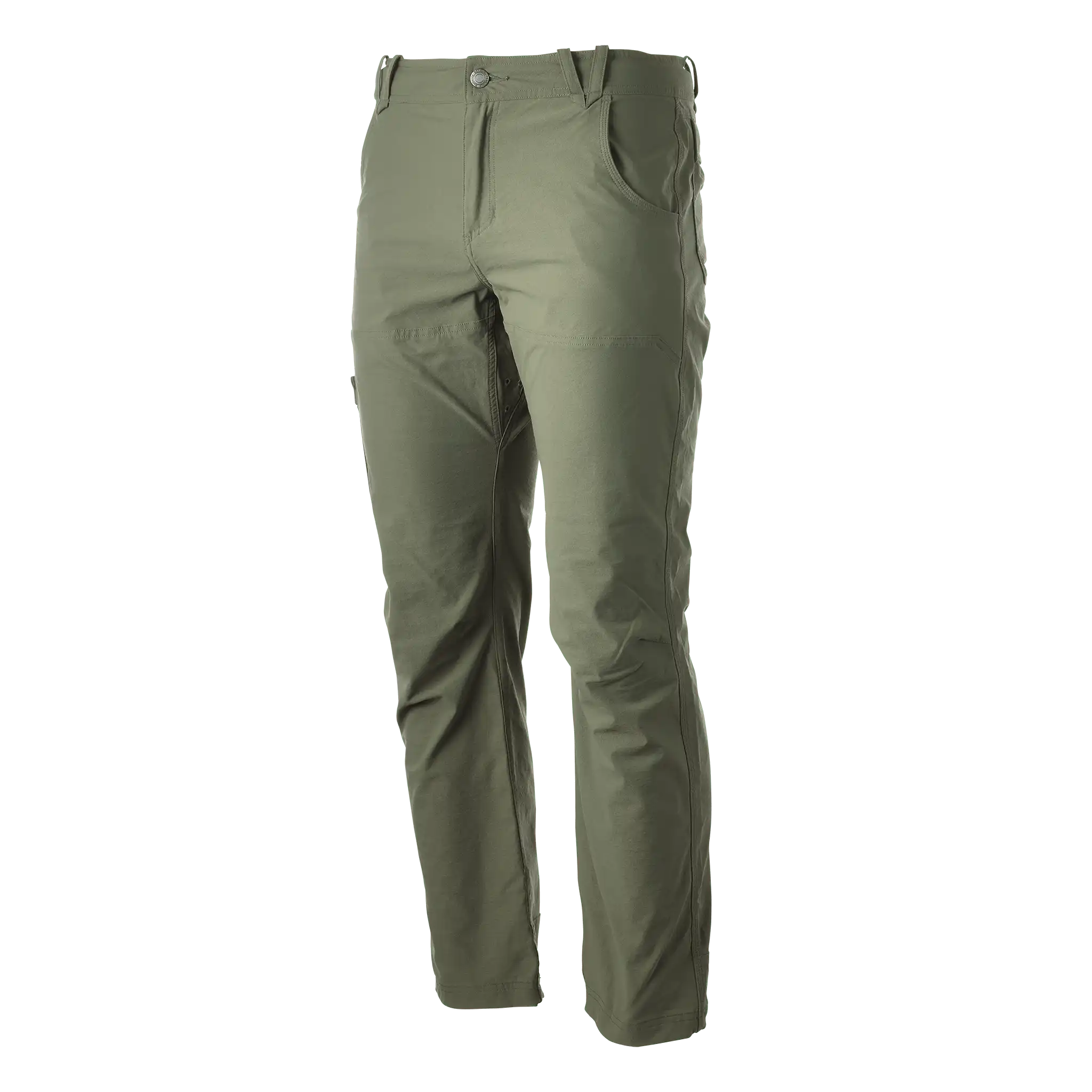 Olive green pants with front pockets and belt loops, displayed on a plain background for clear visibility.