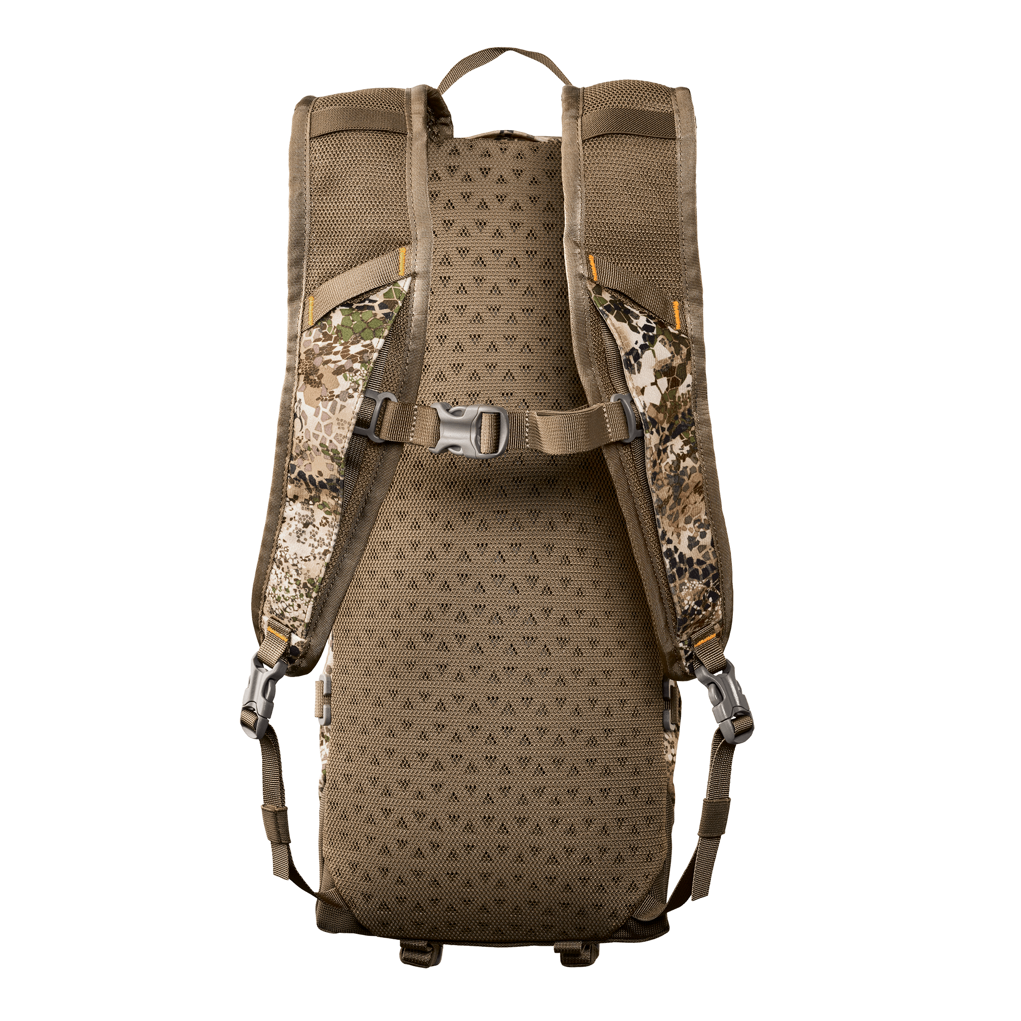 Moonrivers hunting backpack, tan mesh back panel, camo straps, sternum buckle, and skull logo pattern for ventilation.