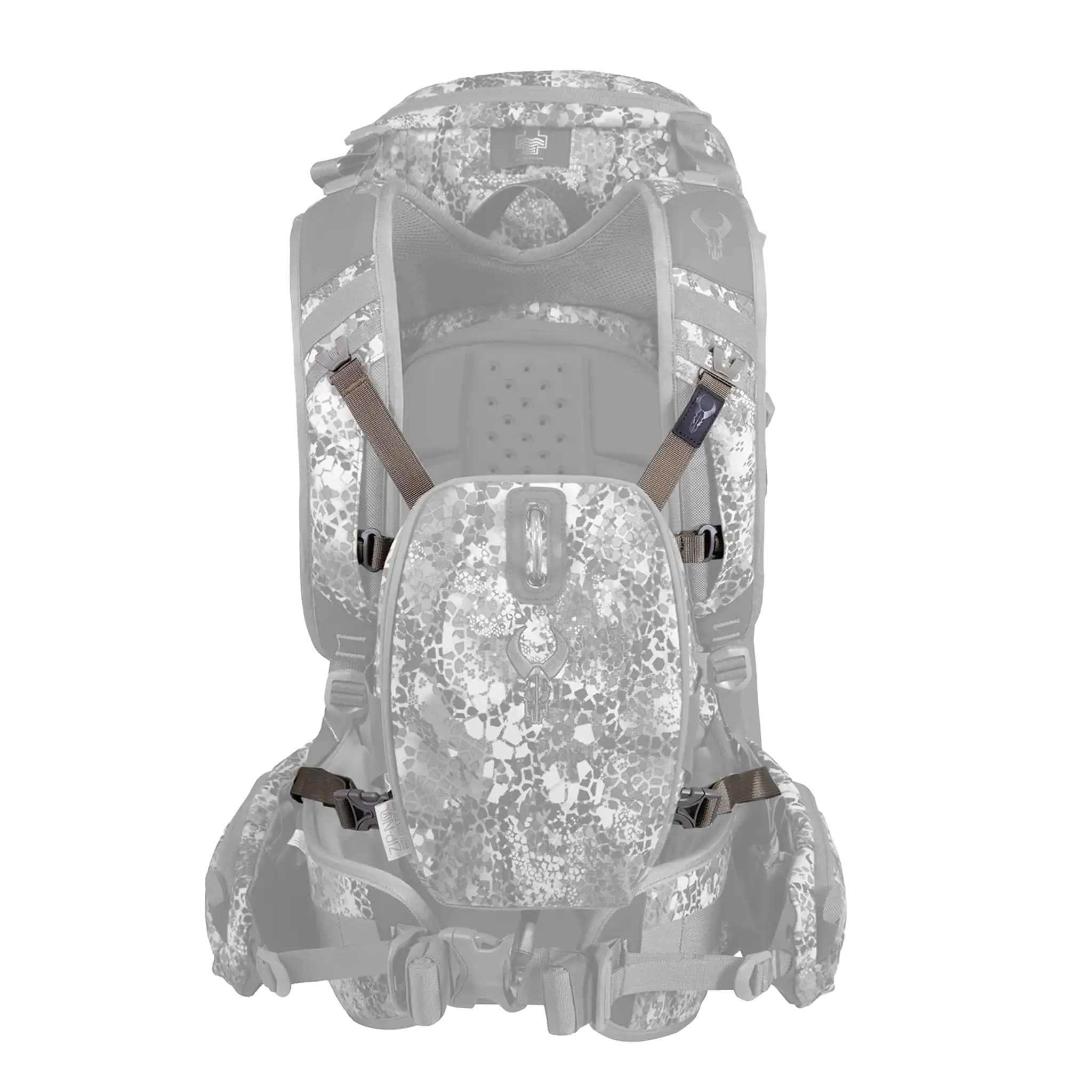 Camo hunting backpack with Moonrivers skull logo, padded straps, and multiple compartments, shown from the front.