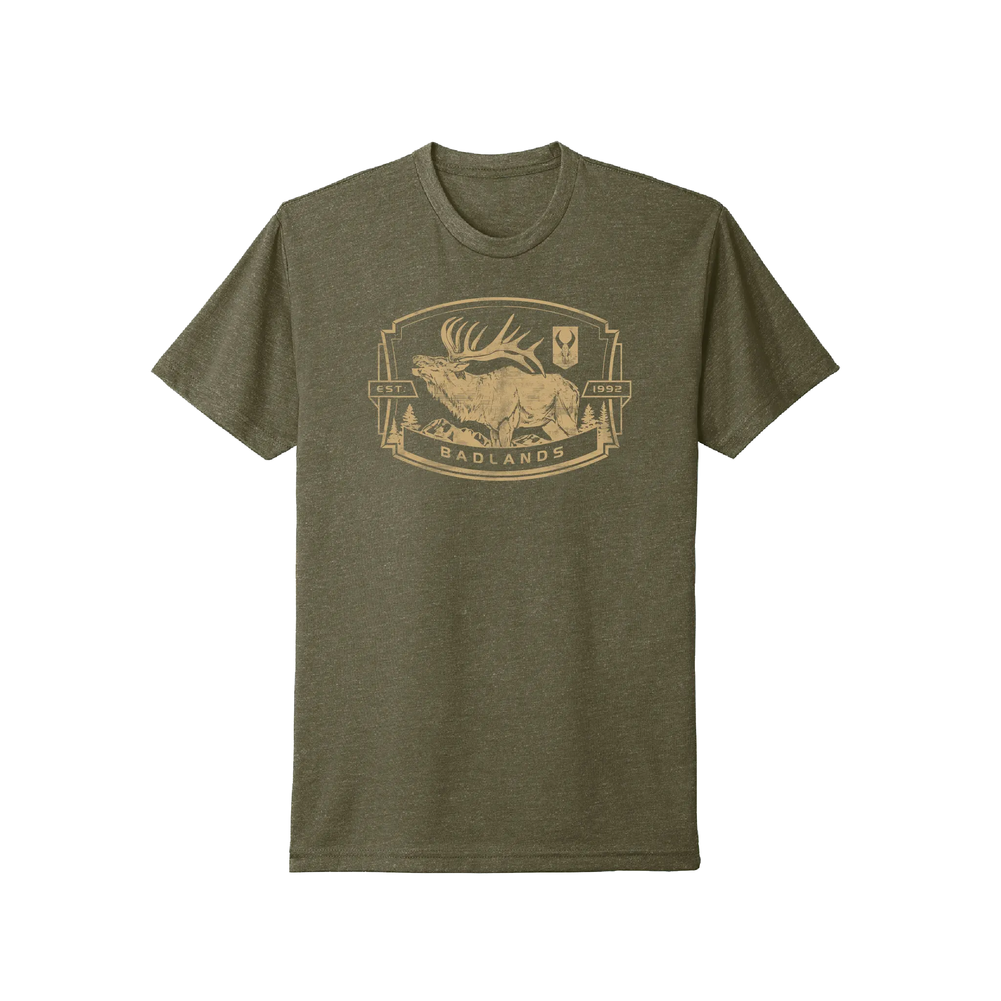 Olive t-shirt with elk, mountains, and Moonrivers Logo. Text reads "EST. 1992 Moonrivers." Graphic is ADA-visible.