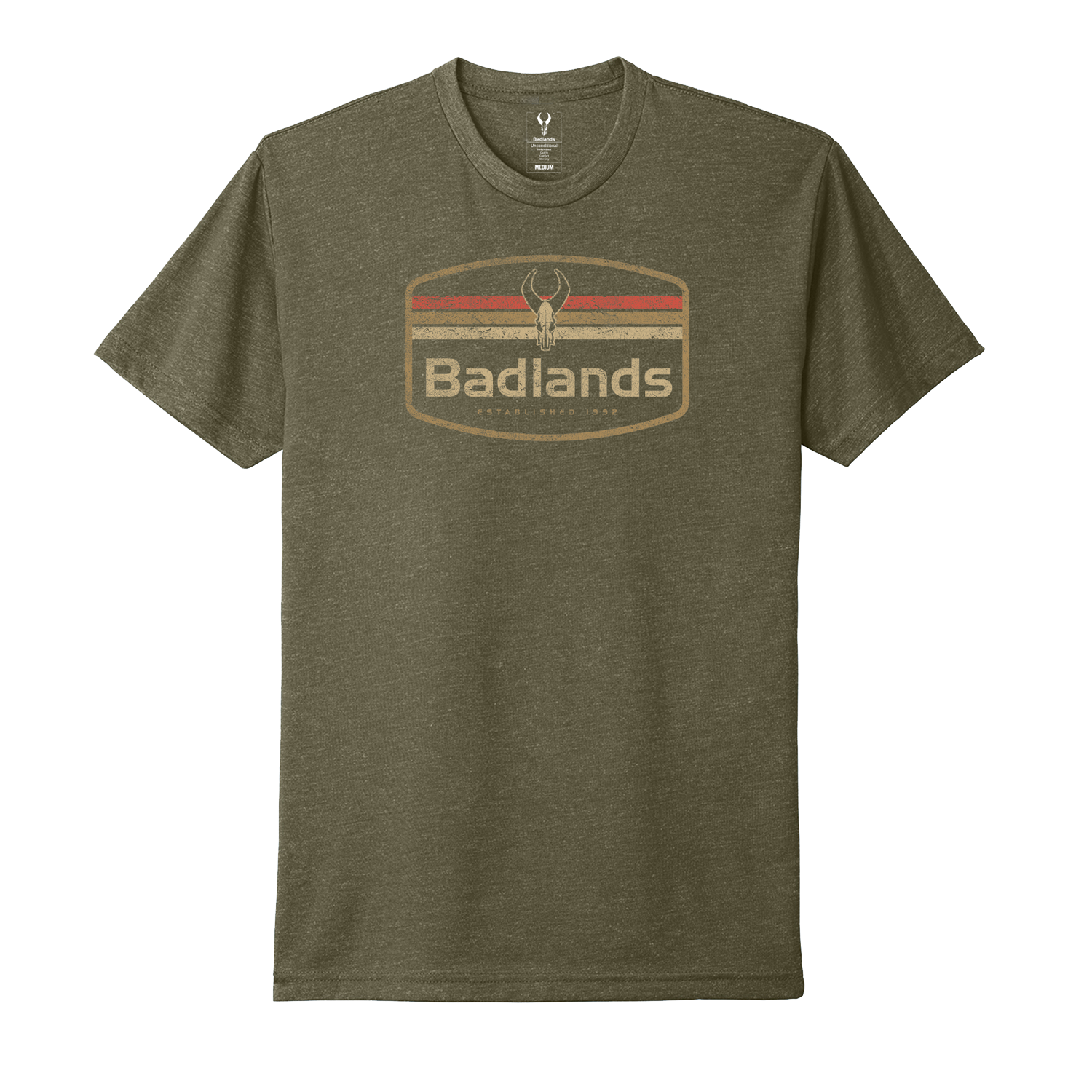 Olive t-shirt with Moonrivers logo featuring a stylized skull above the brand name and retro stripes.