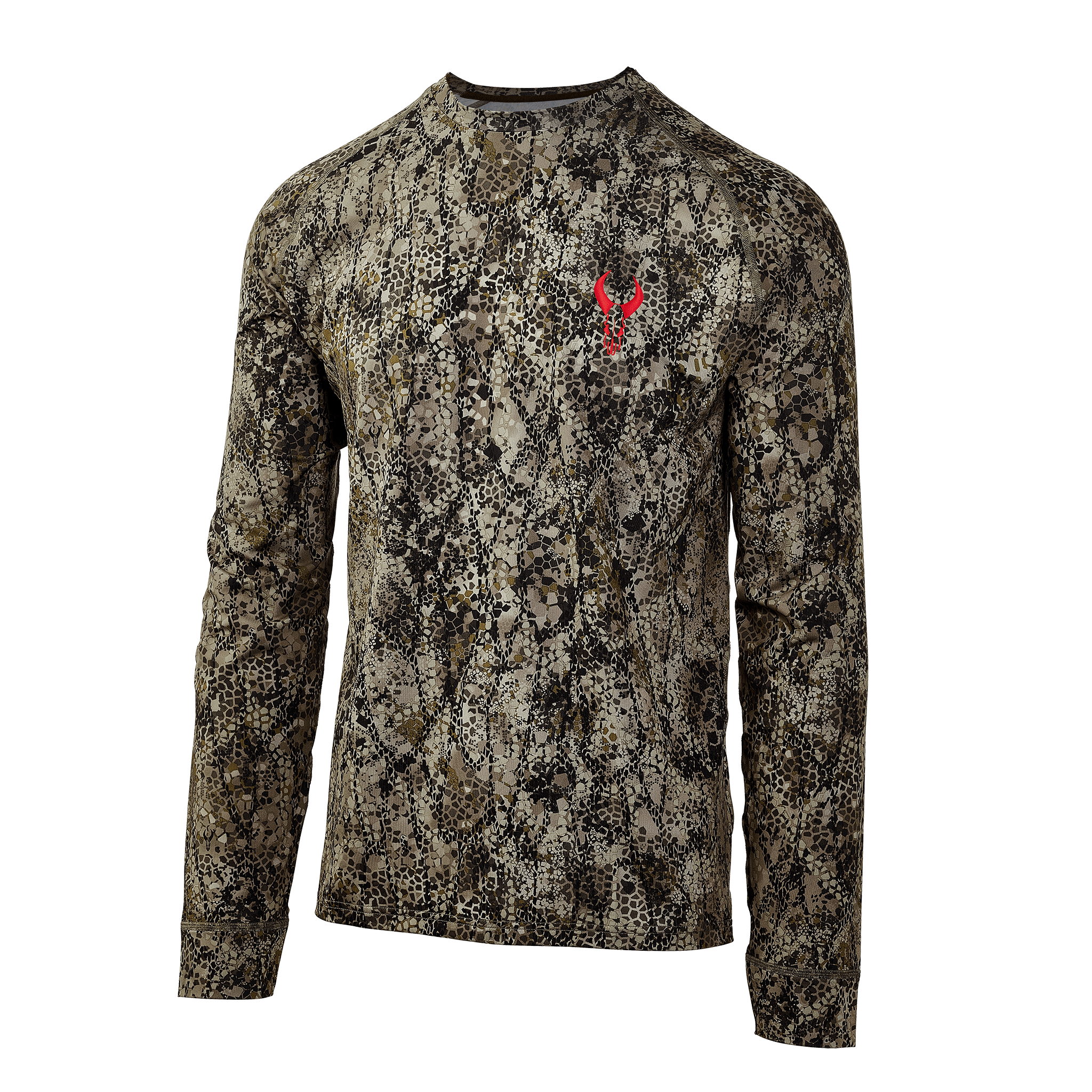 Long-sleeve camo shirt with red Moonrivers skull logo on chest, designed for outdoor or hunting activities.