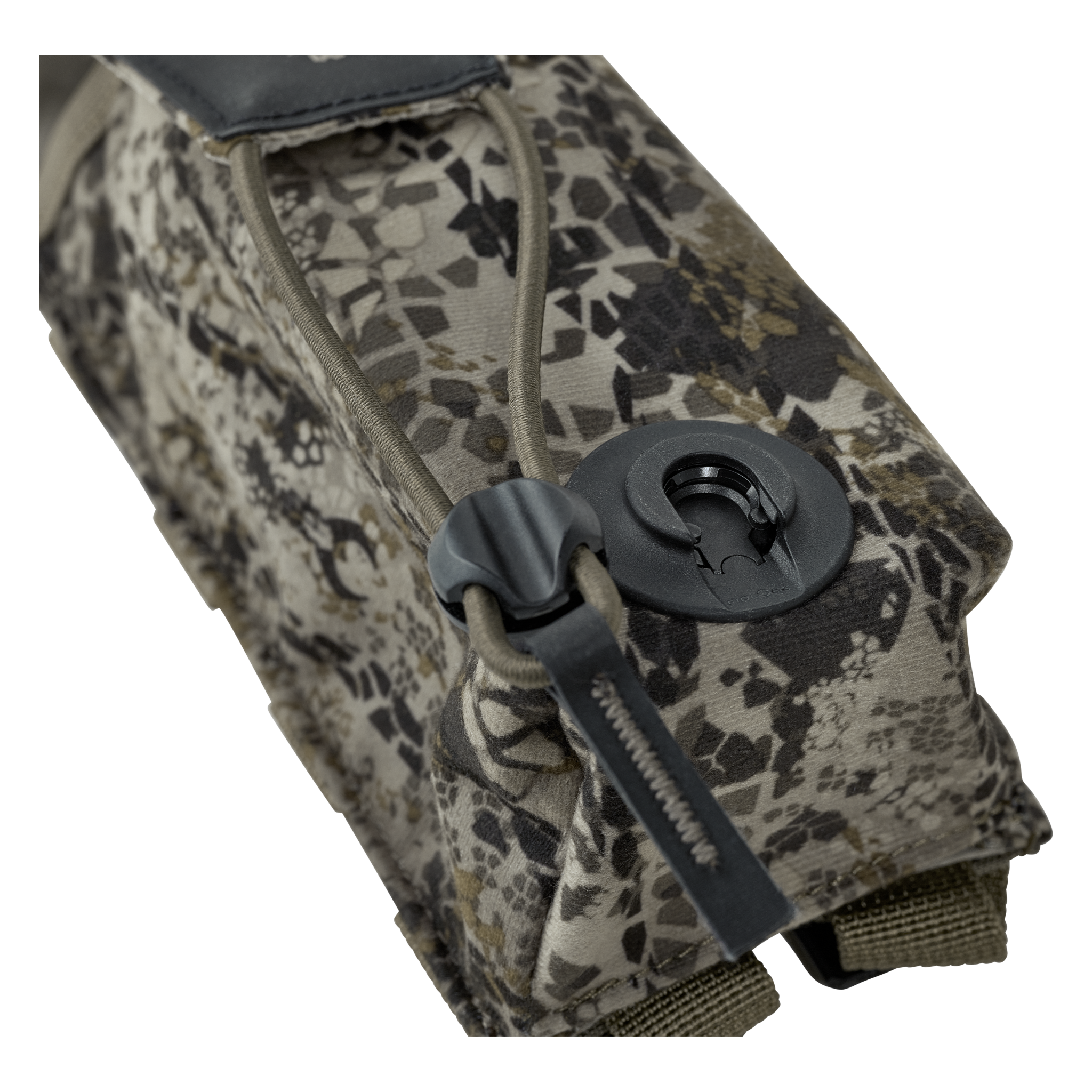 Close-up of a camo-patterned bag with zipper and round Moonrivers Logo near a hydration port.