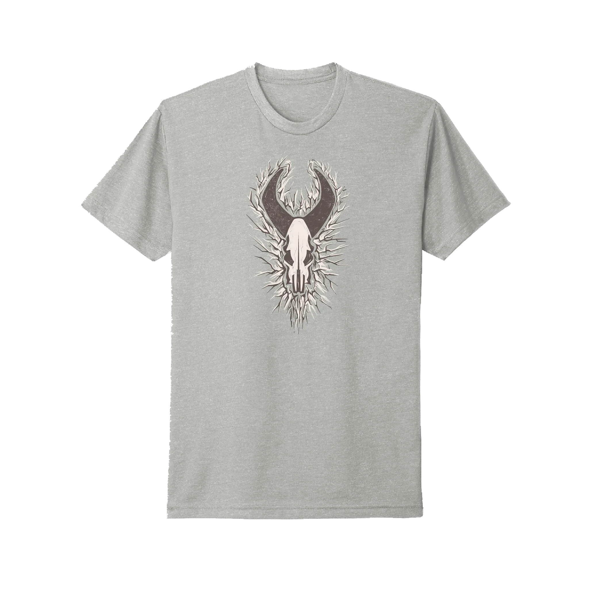 Gray t-shirt featuring the Moonrivers Logo, a stylized skull with antlers and spiky accents, centered on the chest.