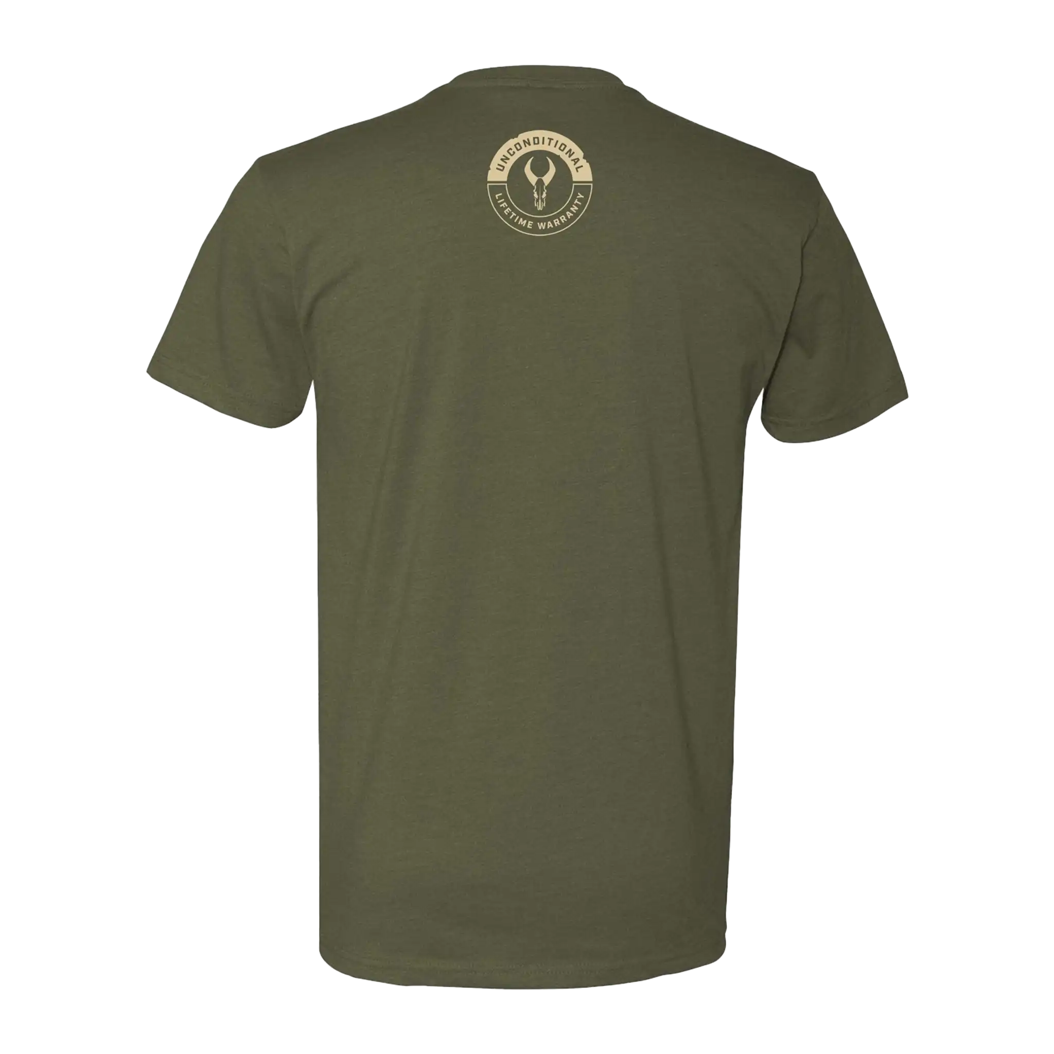Olive green t-shirt with Moonrivers skull logo and "Unconditional Lifetime Warranty" text on upper back.