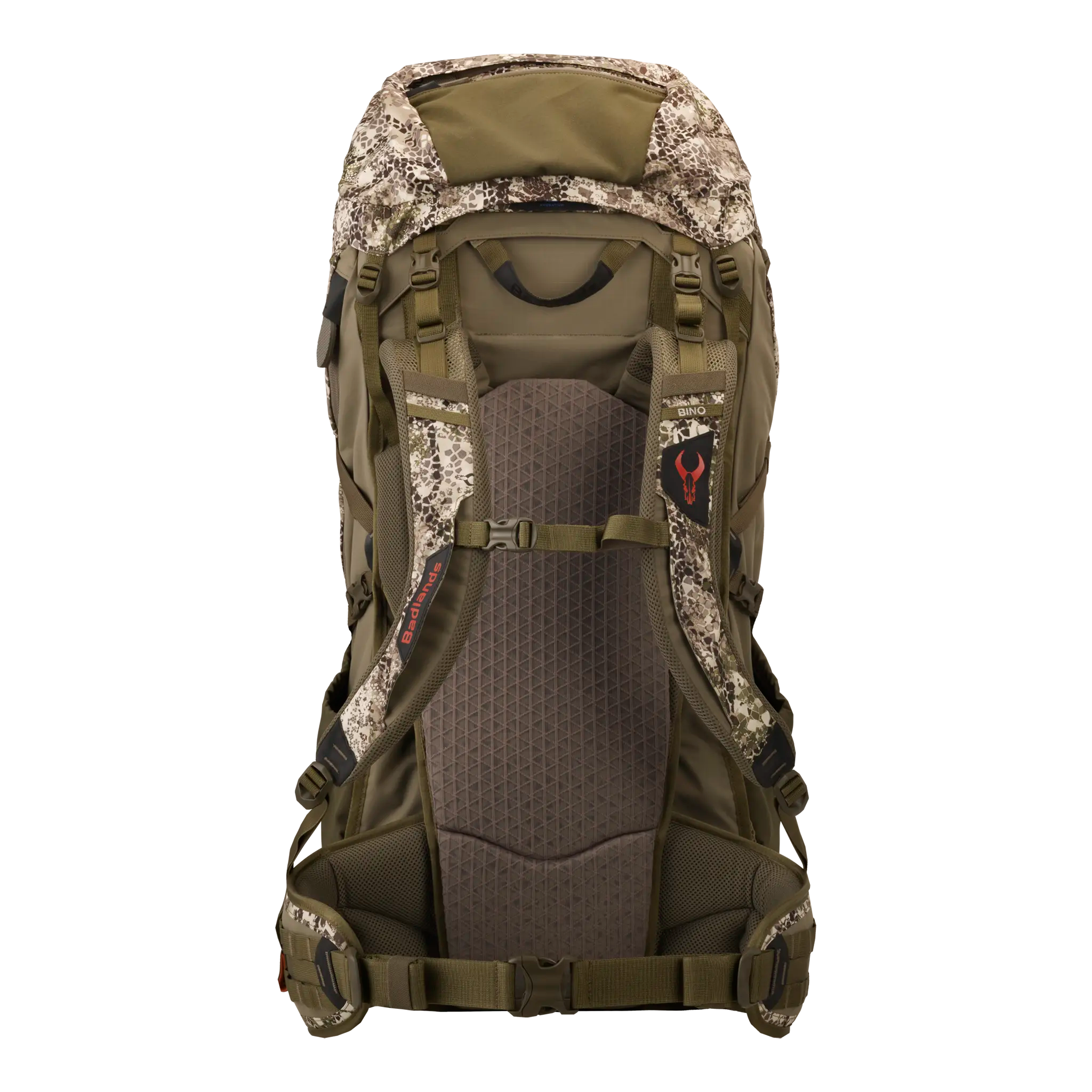 Camo hiking backpack with padded straps, ergonomic back panel, and visible Moonrivers skull logo on the left strap.