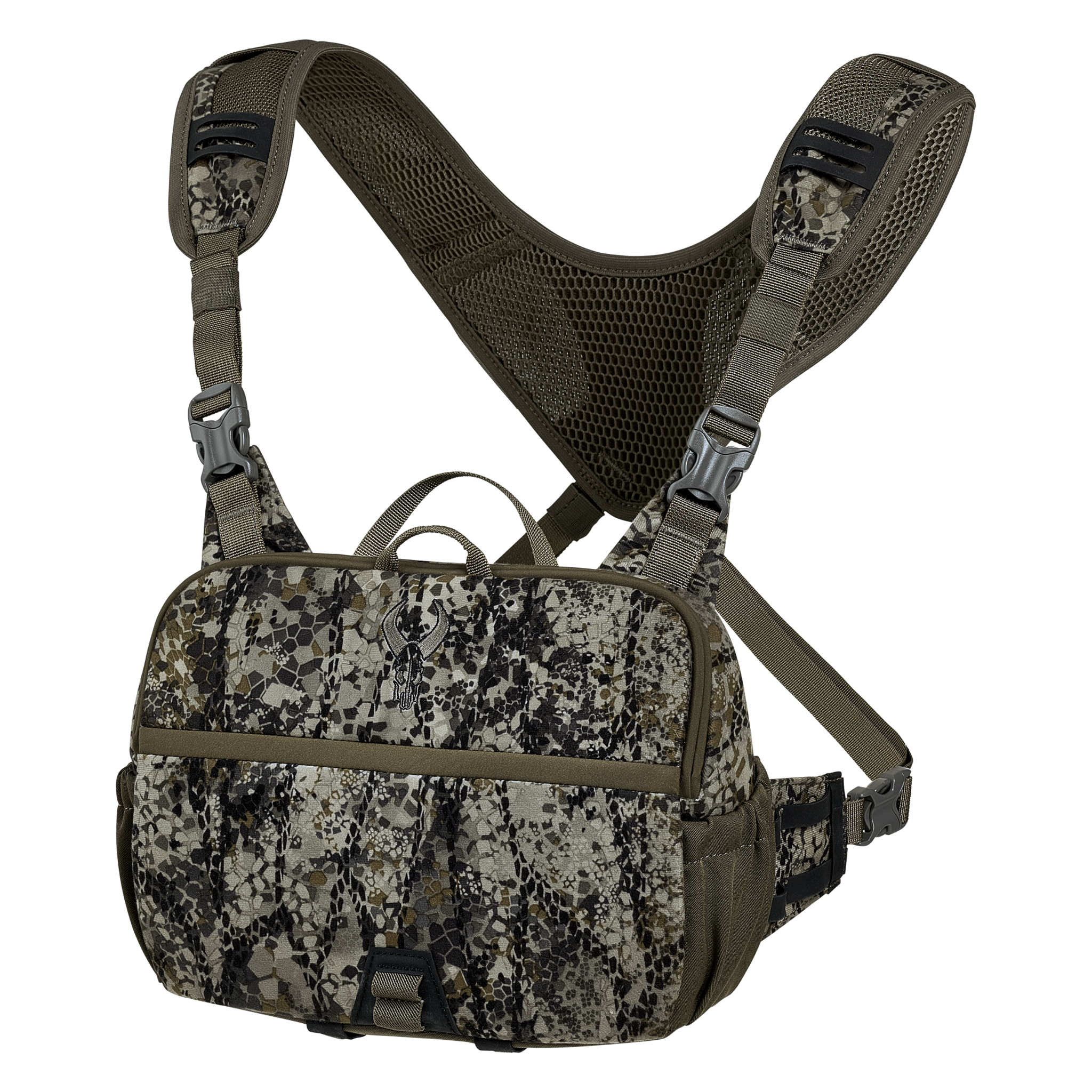Camo chest pack with mesh straps and Moonrivers Logo, designed for outdoor gear organization and hands-free carrying.