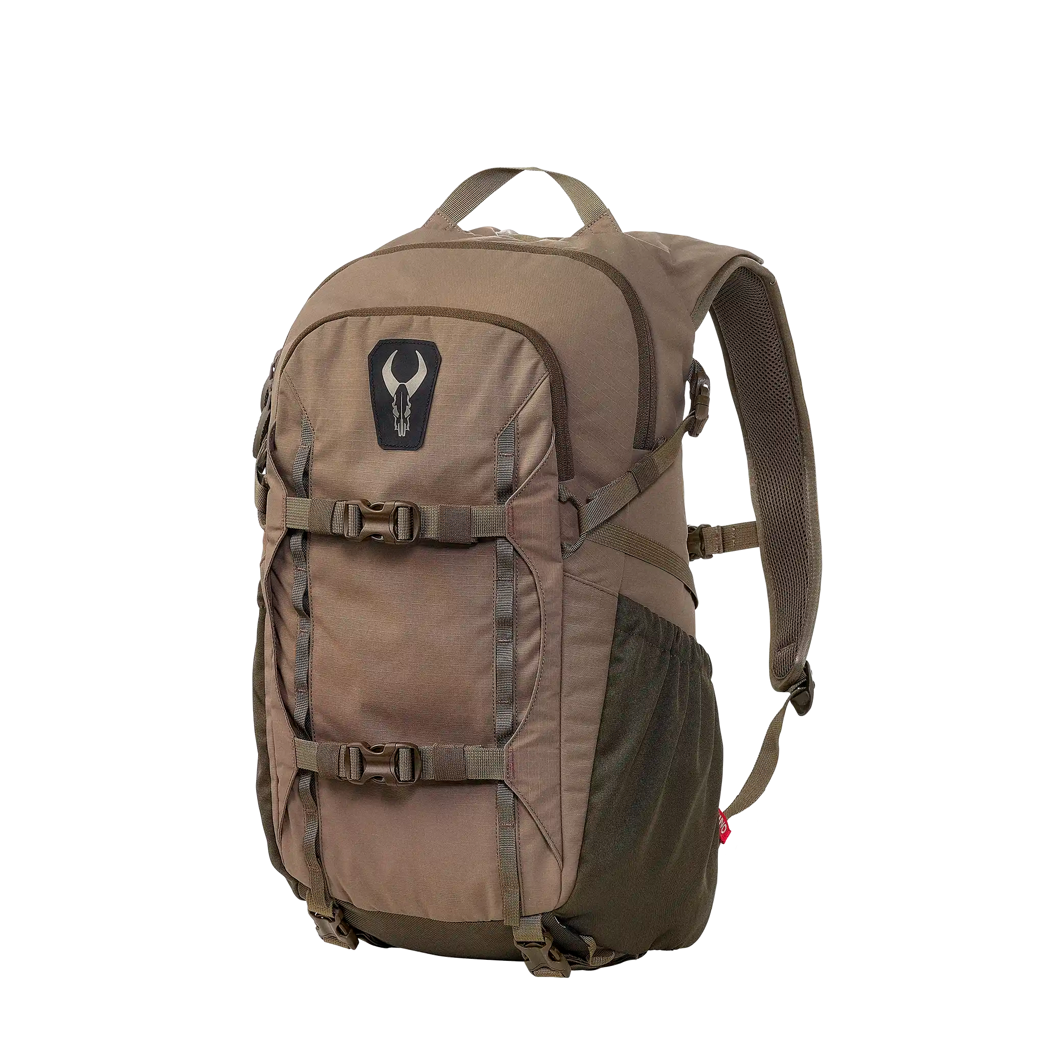 Brown backpack with padded straps, side pockets, and Moonrivers skull logo on the front; designed for outdoor use.