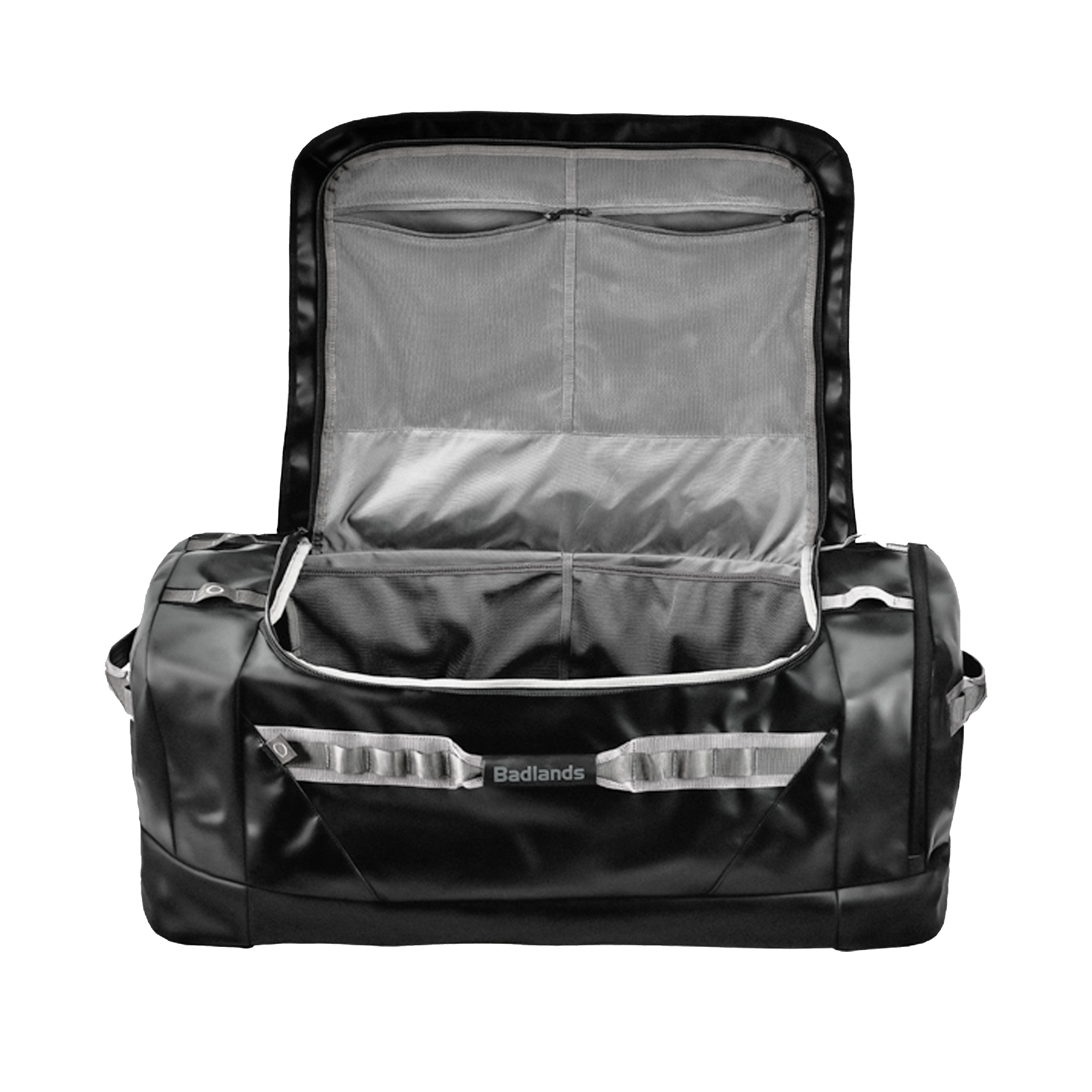 Open black Moonrivers duffel bag with spacious interior, mesh pockets, and accessible handles for easy carrying.