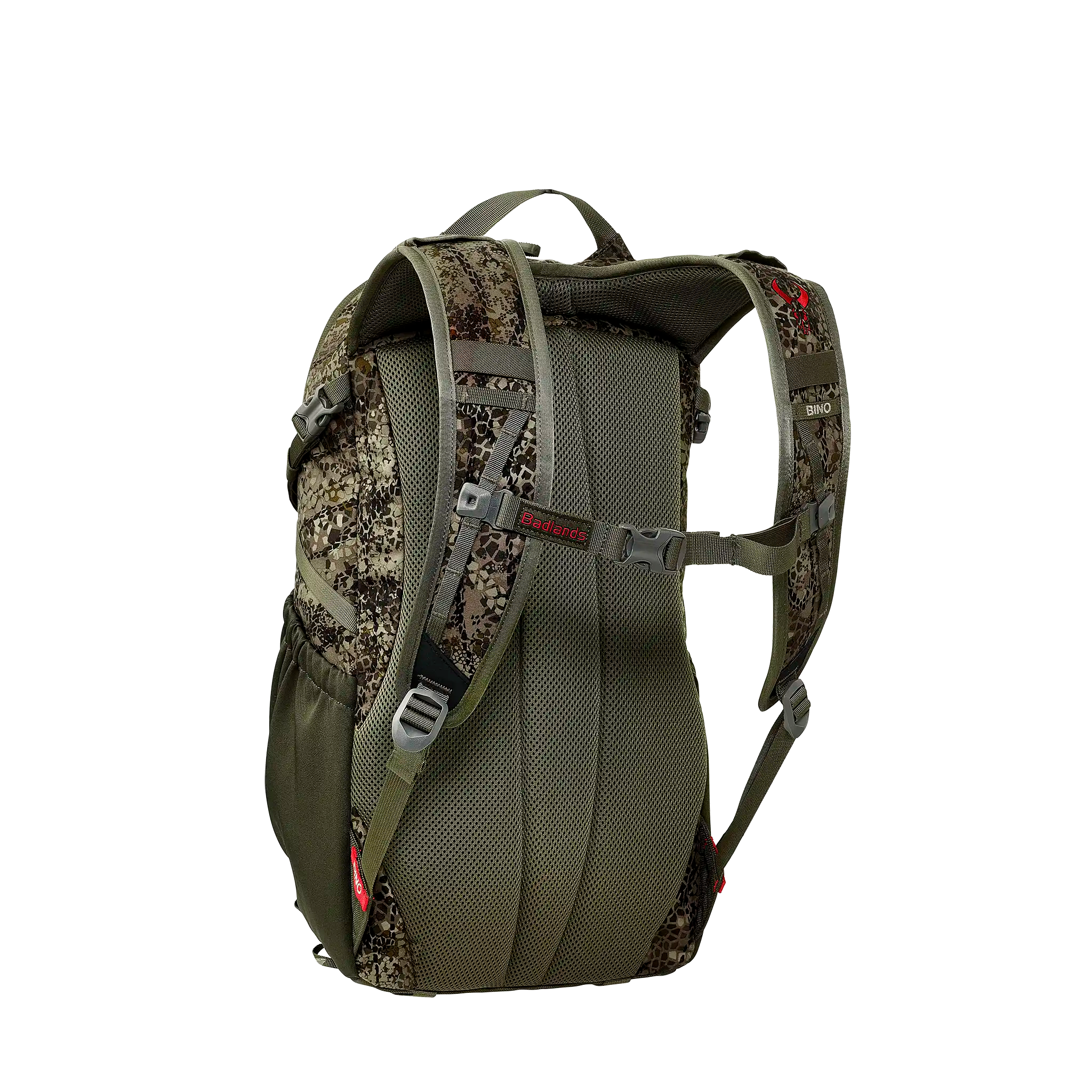 Camo backpack with padded straps, mesh back, and visible Moonrivers Logo on the right shoulder strap.