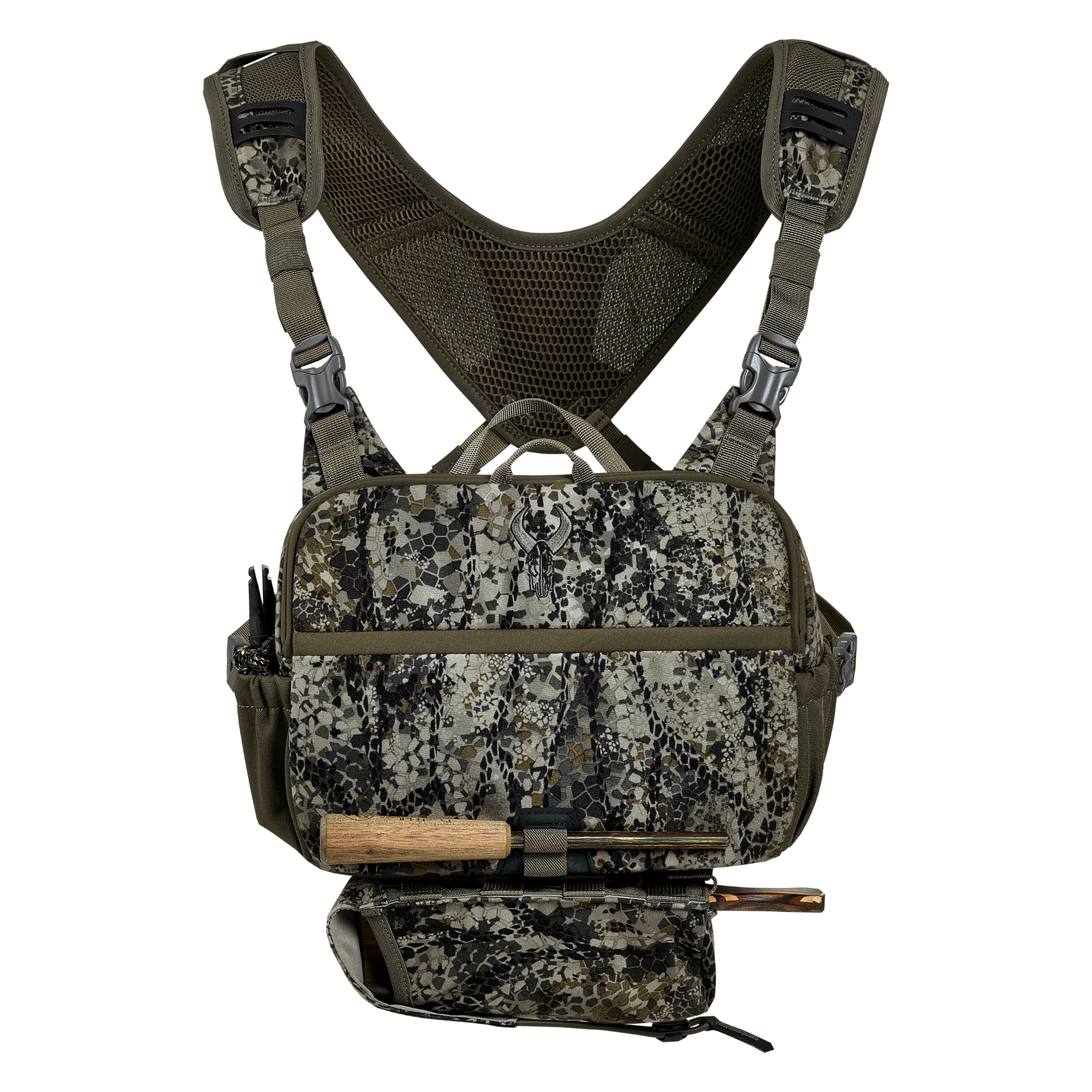 Camo chest pack with Moonrivers skull logo, mesh straps, and tool holders; designed for outdoor or hunting use.