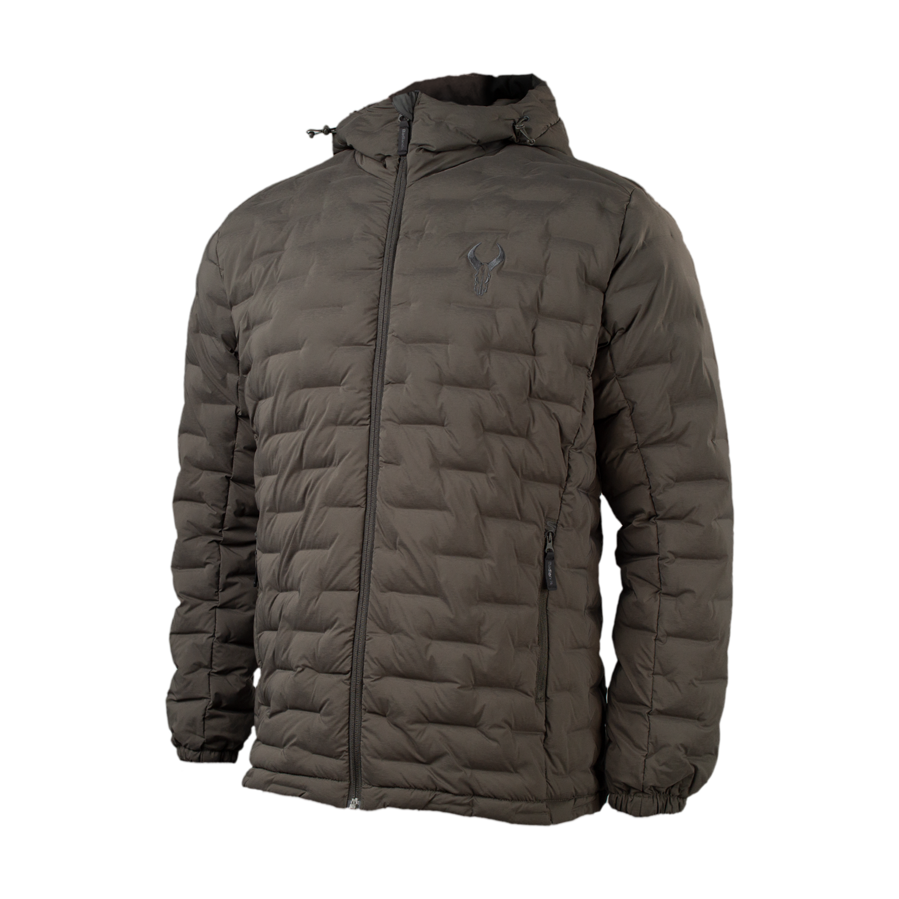 Olive puffer jacket with hood, front zipper, zippered pockets, and Moonrivers skull logo on chest.