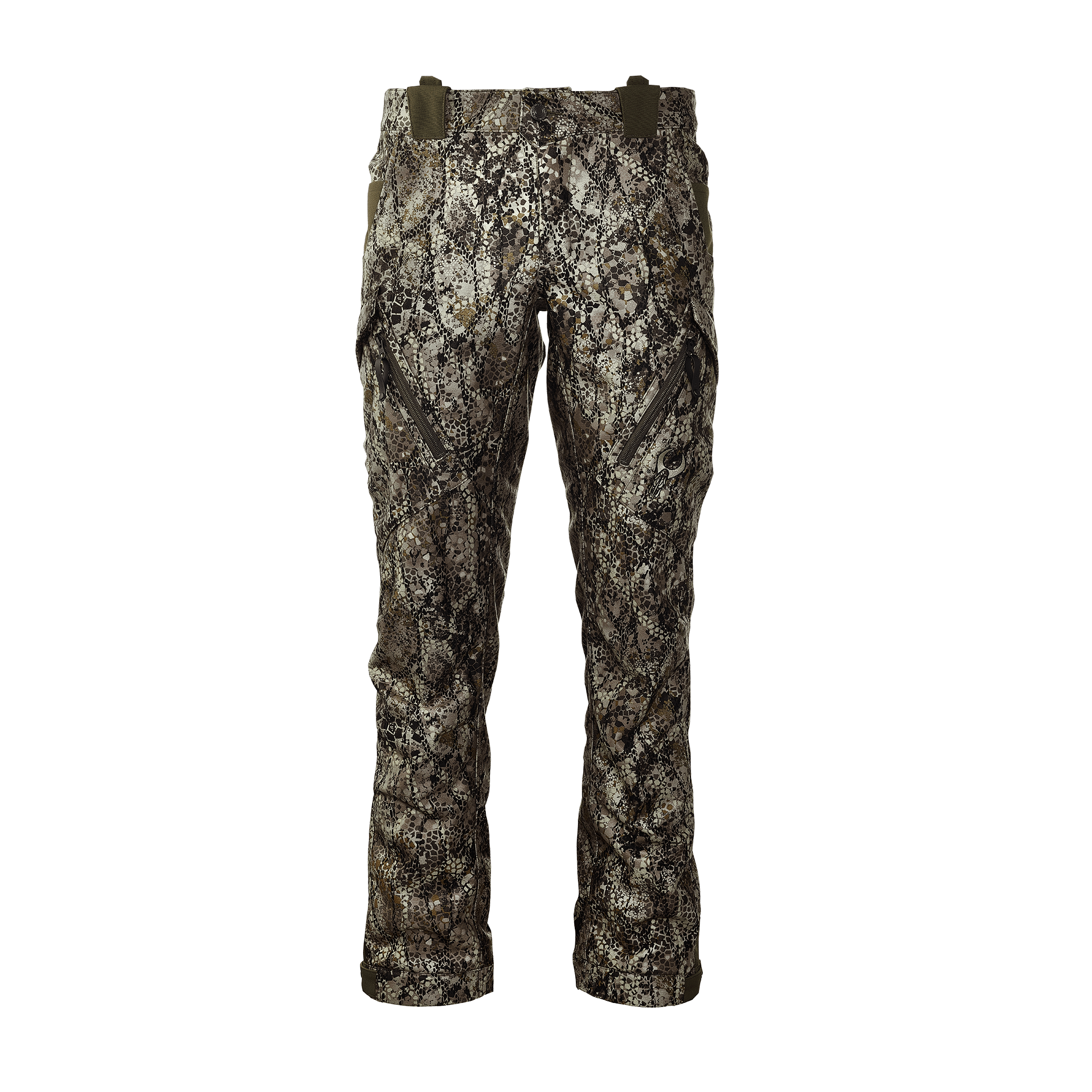 Camo hunting pants with zippered pockets and Moonrivers Logo, designed for outdoor use and easy movement.