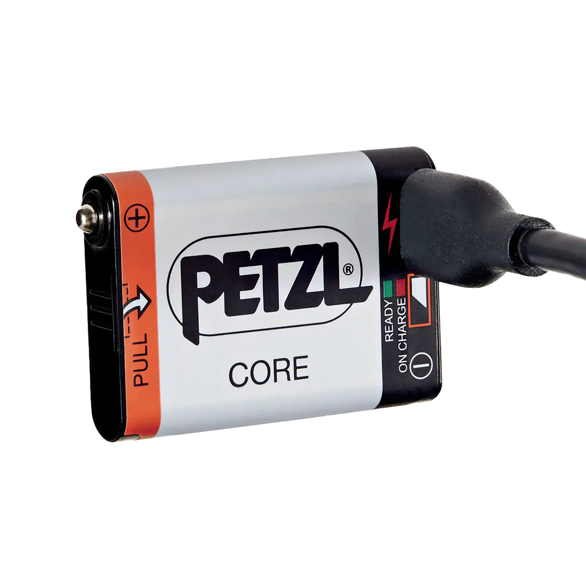 A Petzl CORE rechargeable battery is being charged via a cable; status lights indicate charging progress.