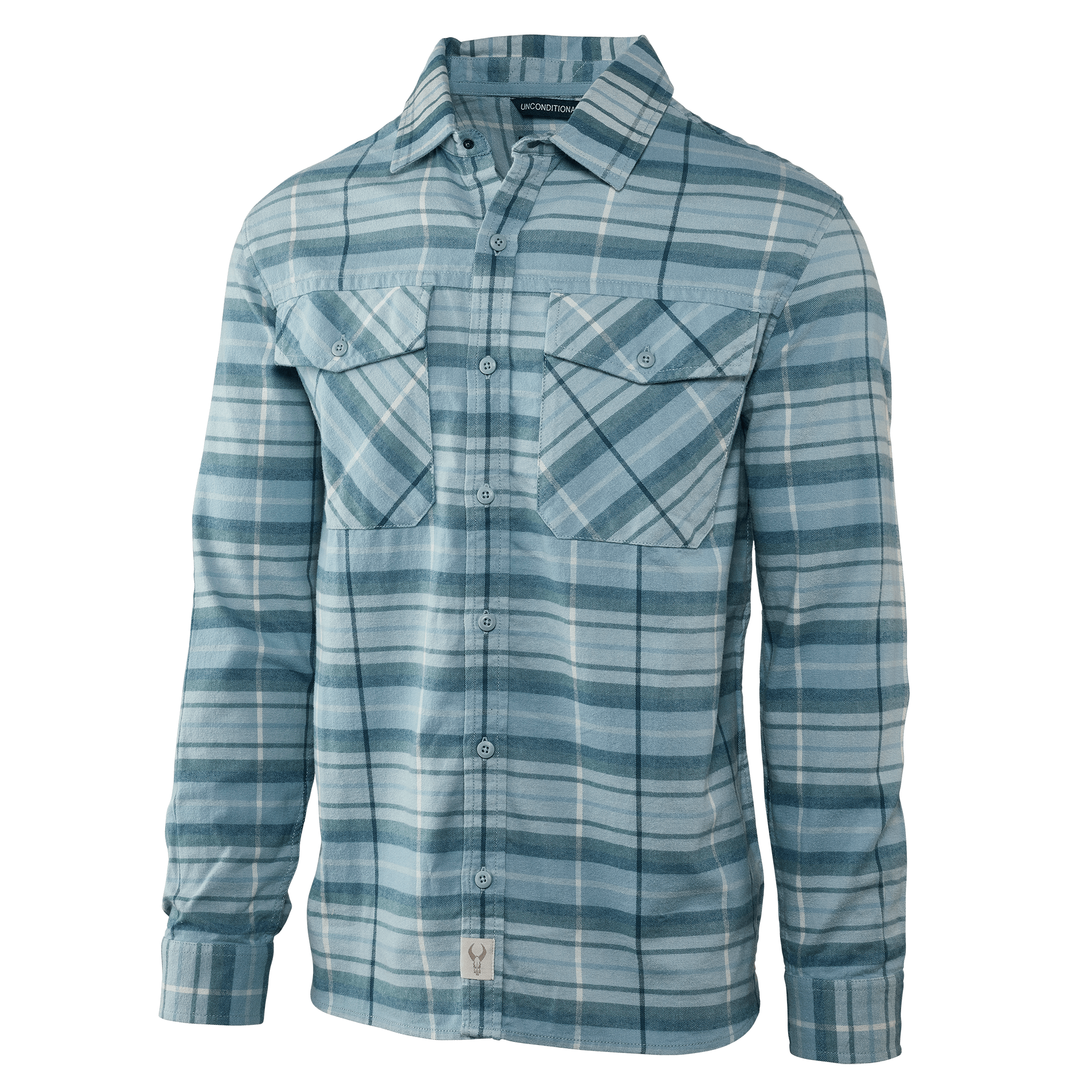 Light blue plaid Moonrivers shirt with long sleeves, button front, chest pockets, and skull logo tag at hem.