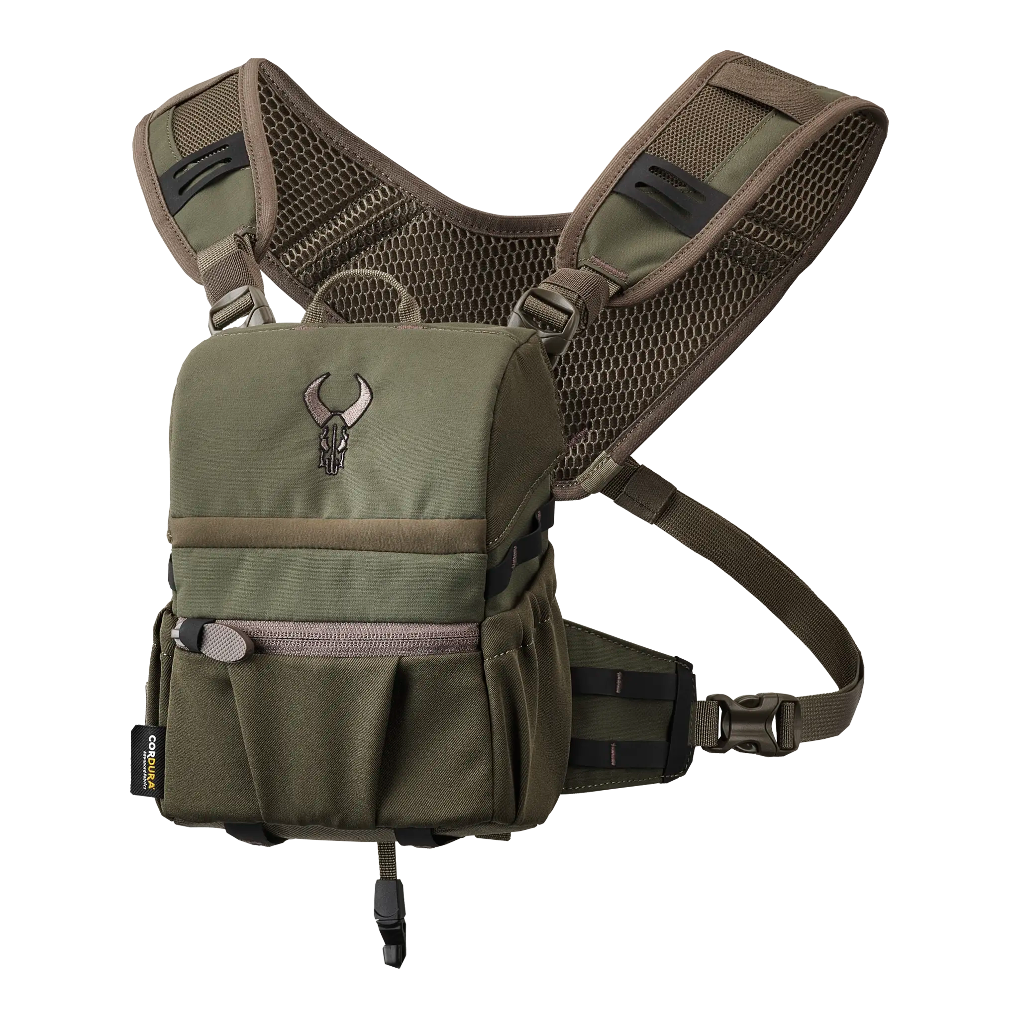 Olive green chest pack with mesh straps and Moonrivers skull logo, designed for outdoor or hunting gear organization.