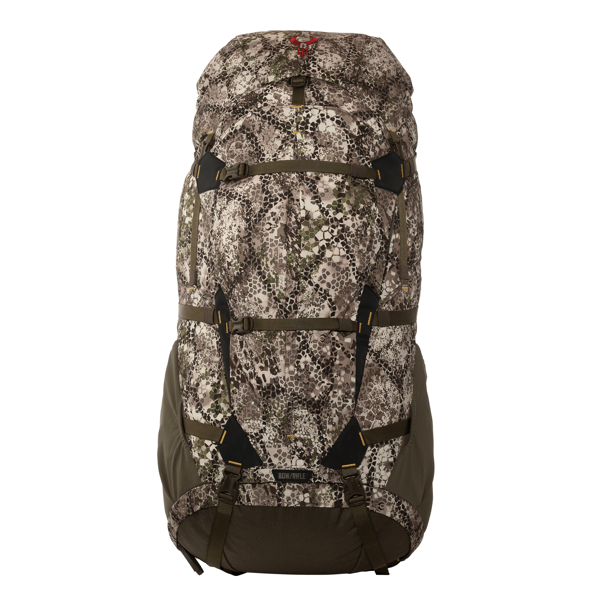 Large Moonrivers camo hunting backpack with red skull logo, multiple straps, and Bow/Rifle tag, front view.