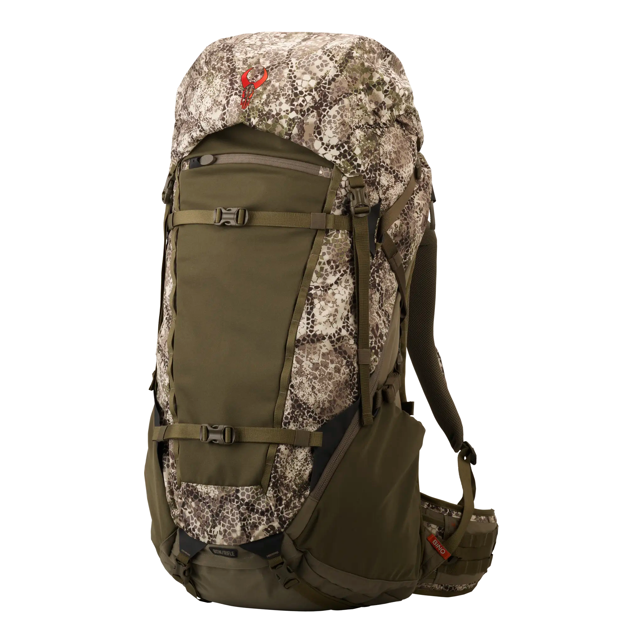 Large camouflage hiking backpack with Moonrivers skull logo, adjustable straps, and padded hip belt for outdoor use.