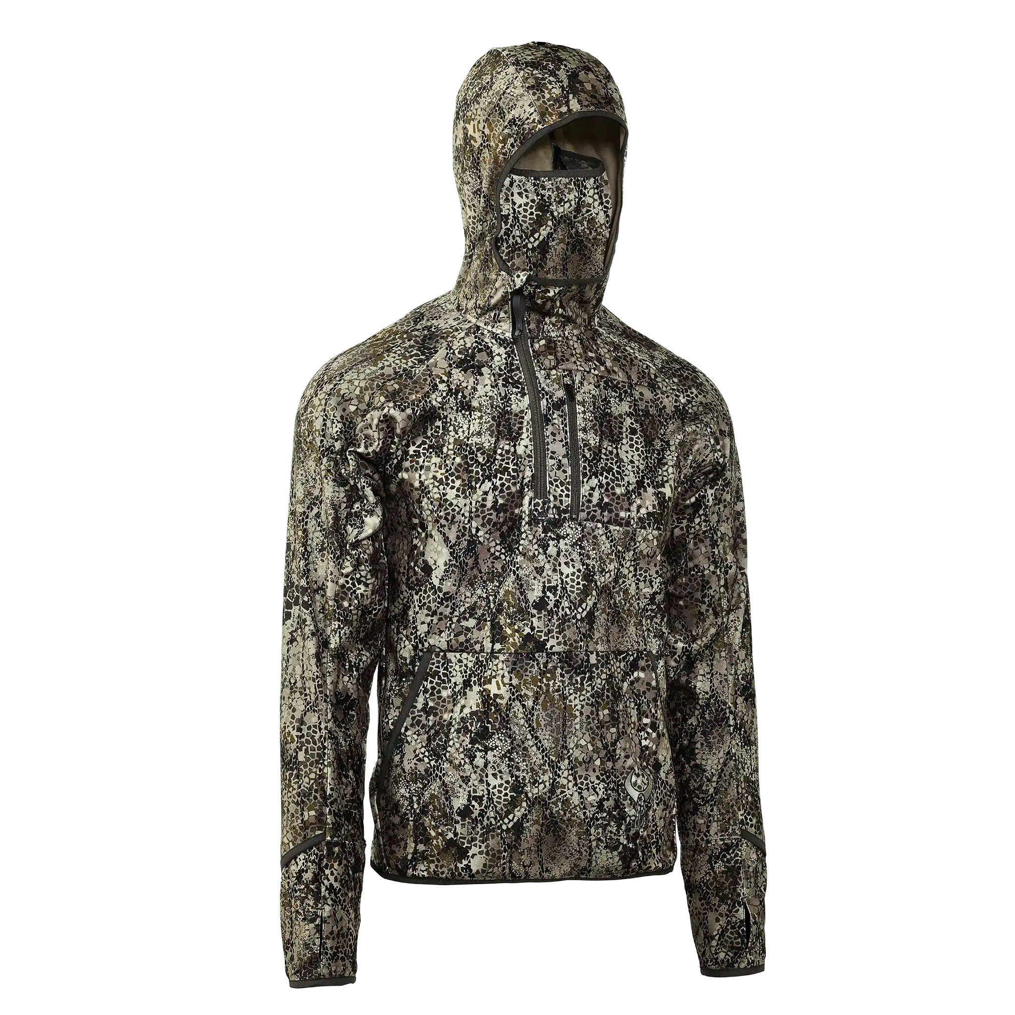 Person wearing a camo-patterned hooded jacket with Moonrivers Logo on the lower left side, front zip pocket visible.