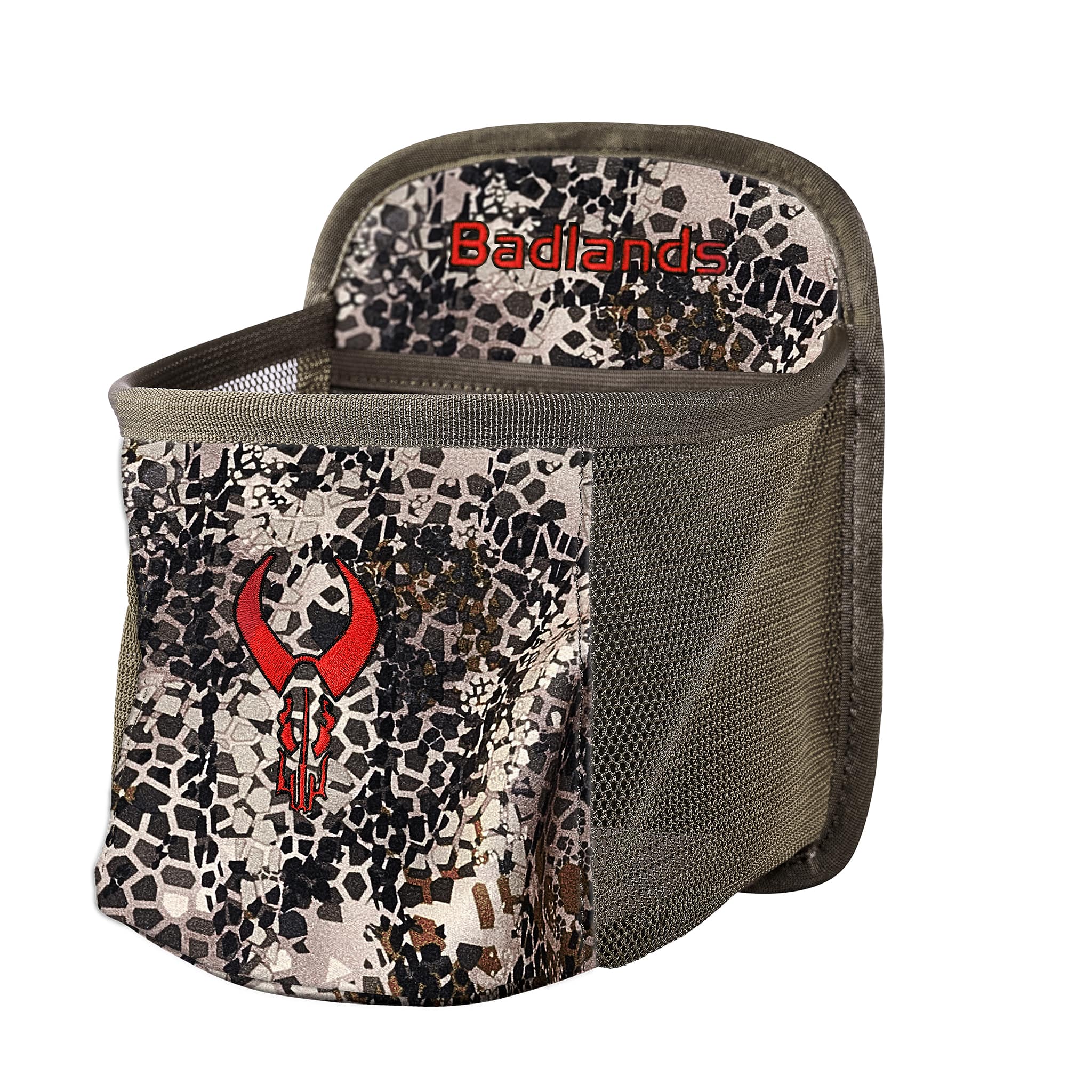 Camouflage Moonrivers pouch with mesh sides and red Moonrivers skull logo on the front, designed for outdoor gear storage.