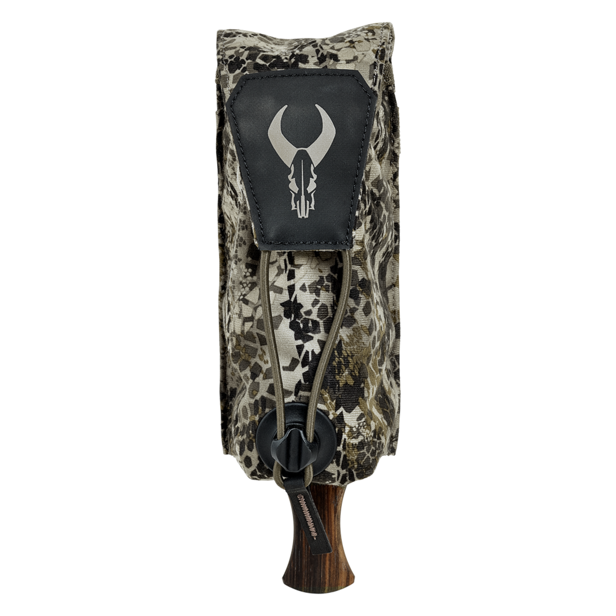 Camo-patterned hunting scope cover with Moonrivers Logo, adjustable drawstring, and protective flap for accessibility.
