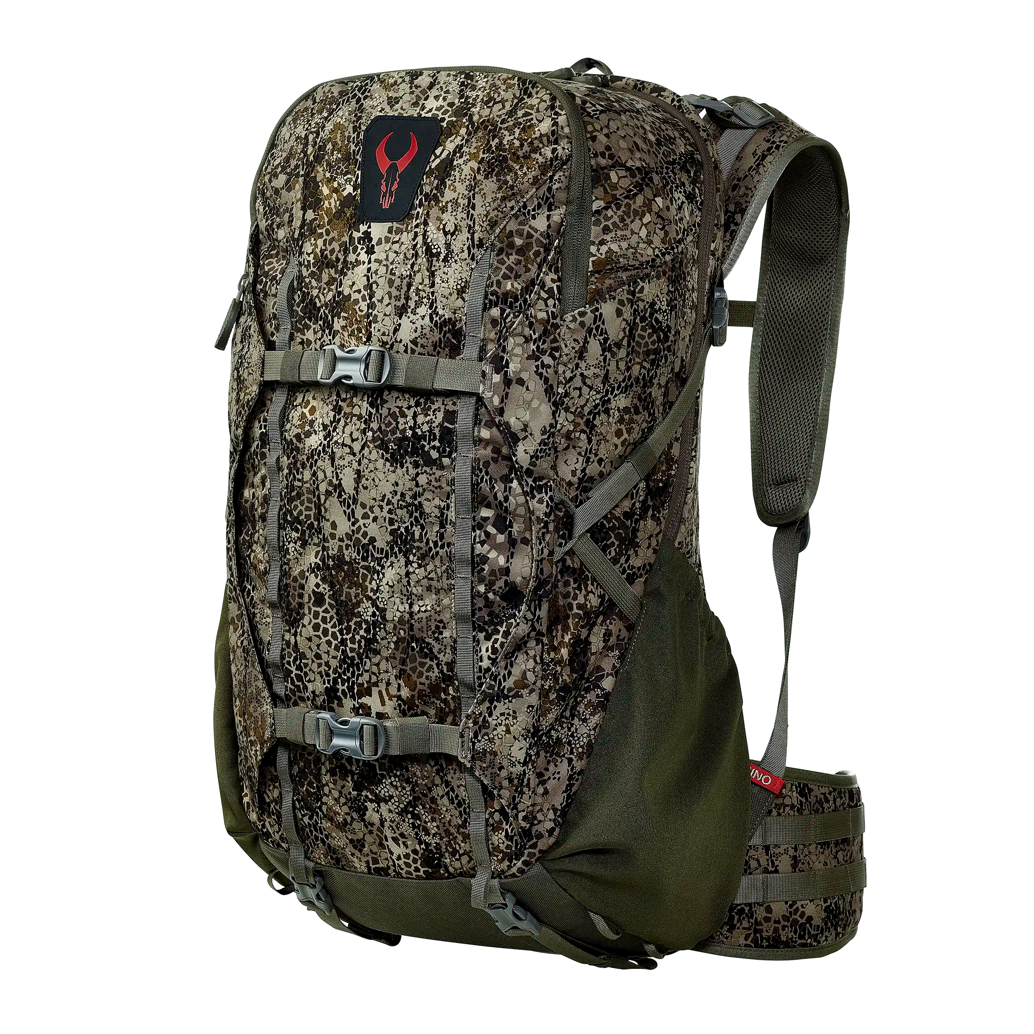 Camo hunting backpack with Moonrivers skull logo, padded straps, and adjustable buckles for outdoor gear organization.