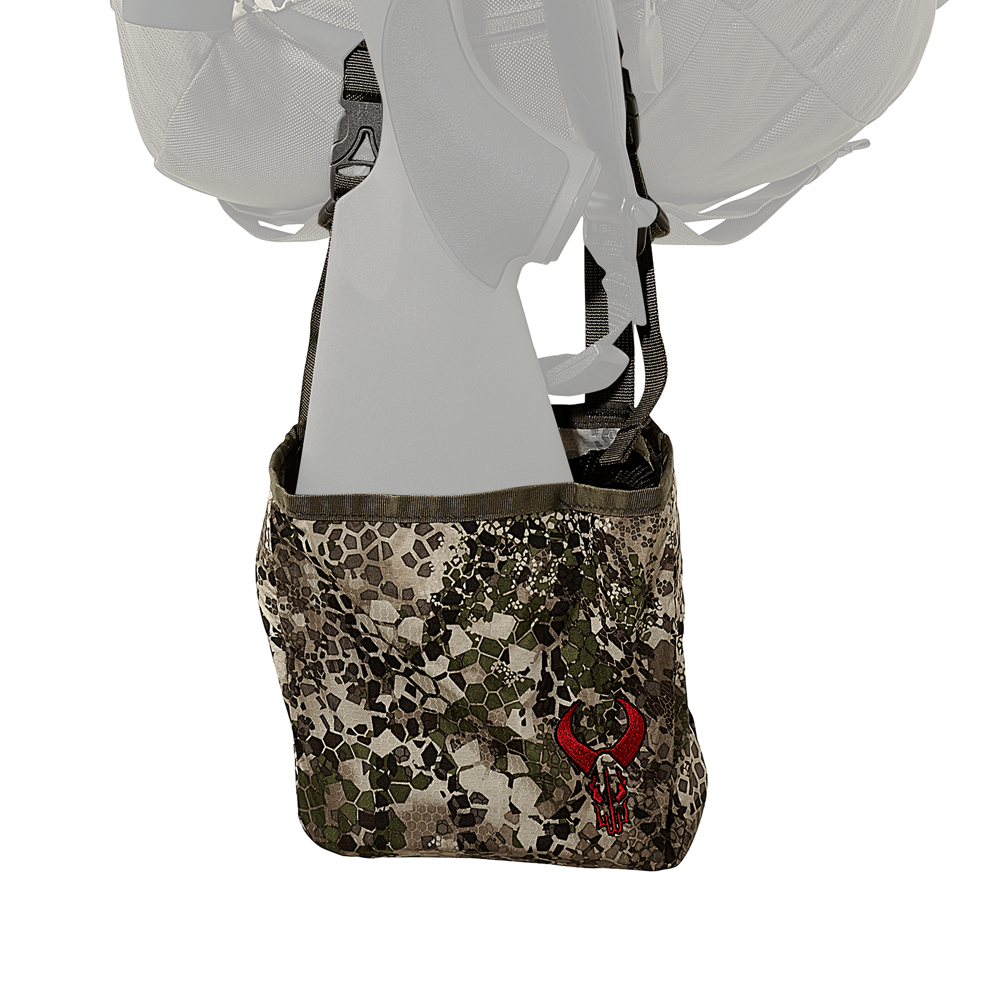 Camouflage Moonrivers pouch with red skull logo, attached to a backpack; designed for outdoor gear storage.
