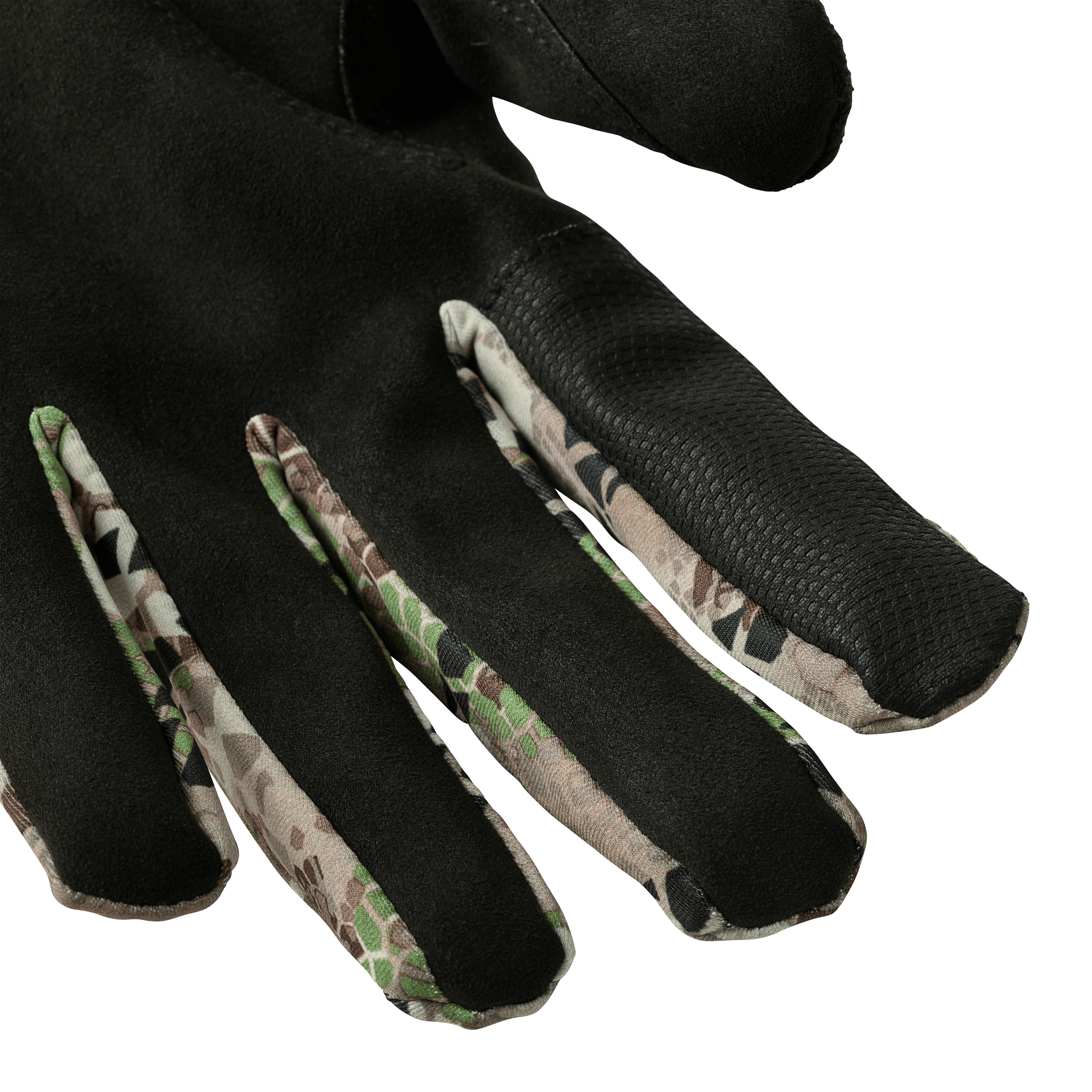 Close-up of a Moonrivers glove with camo accents and textured grip on the index finger, designed for outdoor use.