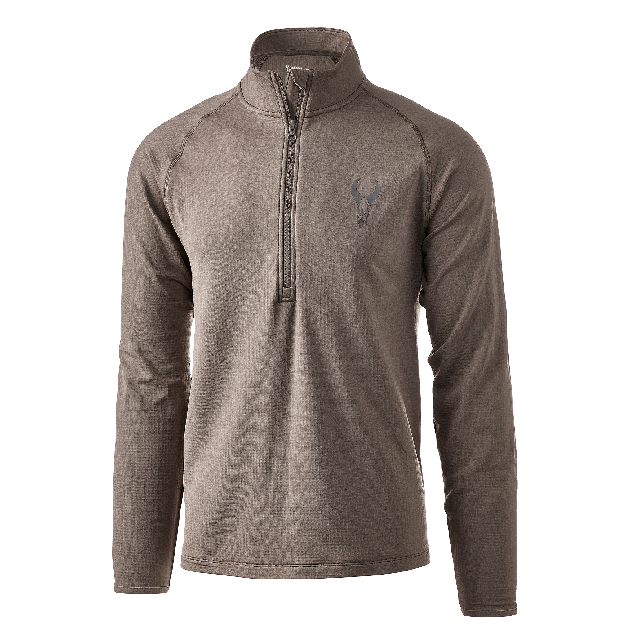 Tan long-sleeve pullover with quarter zip and Moonrivers skull logo on the left chest.
