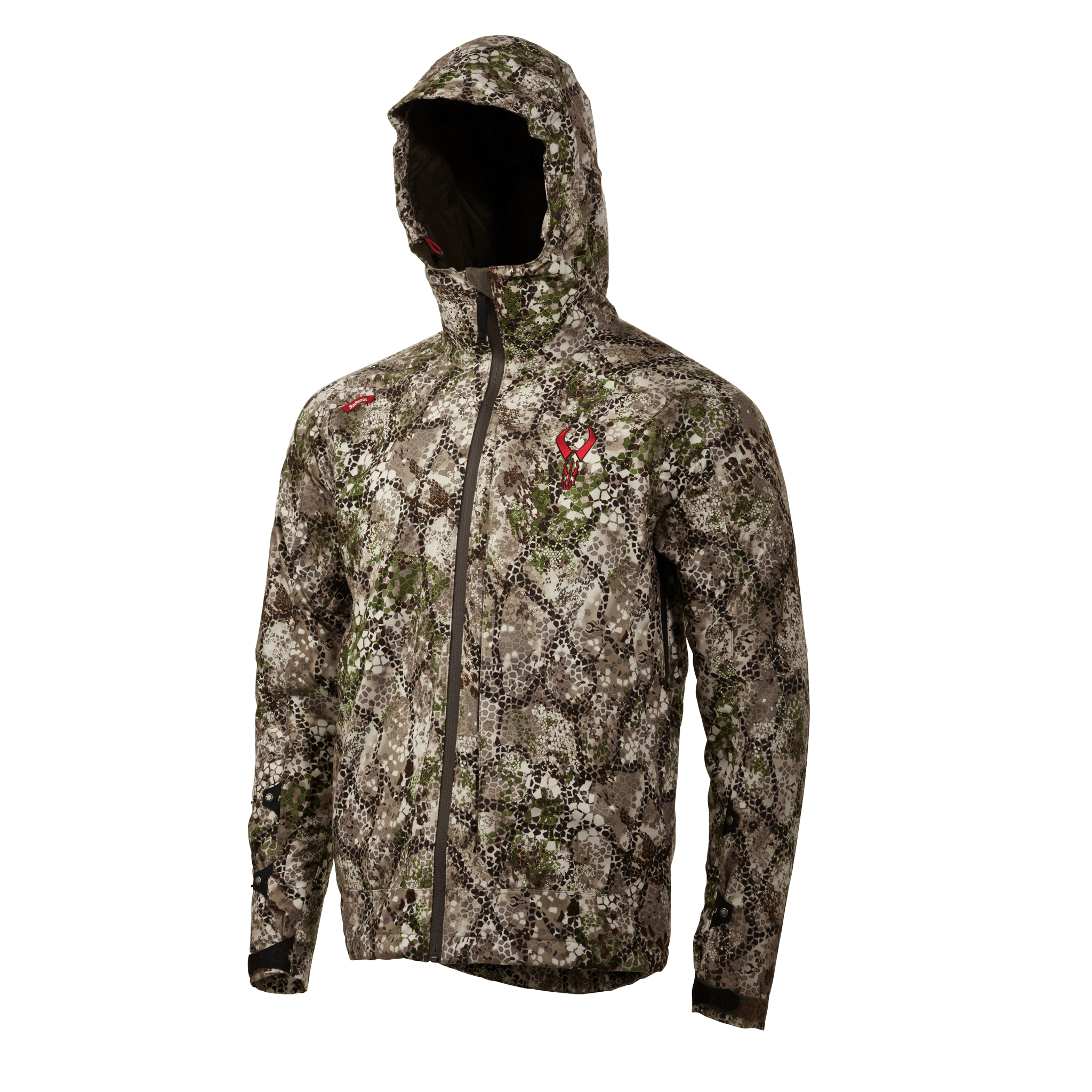 Moonrivers camo jacket with hood, featuring the red skull logo on chest; designed for outdoor and hunting use.