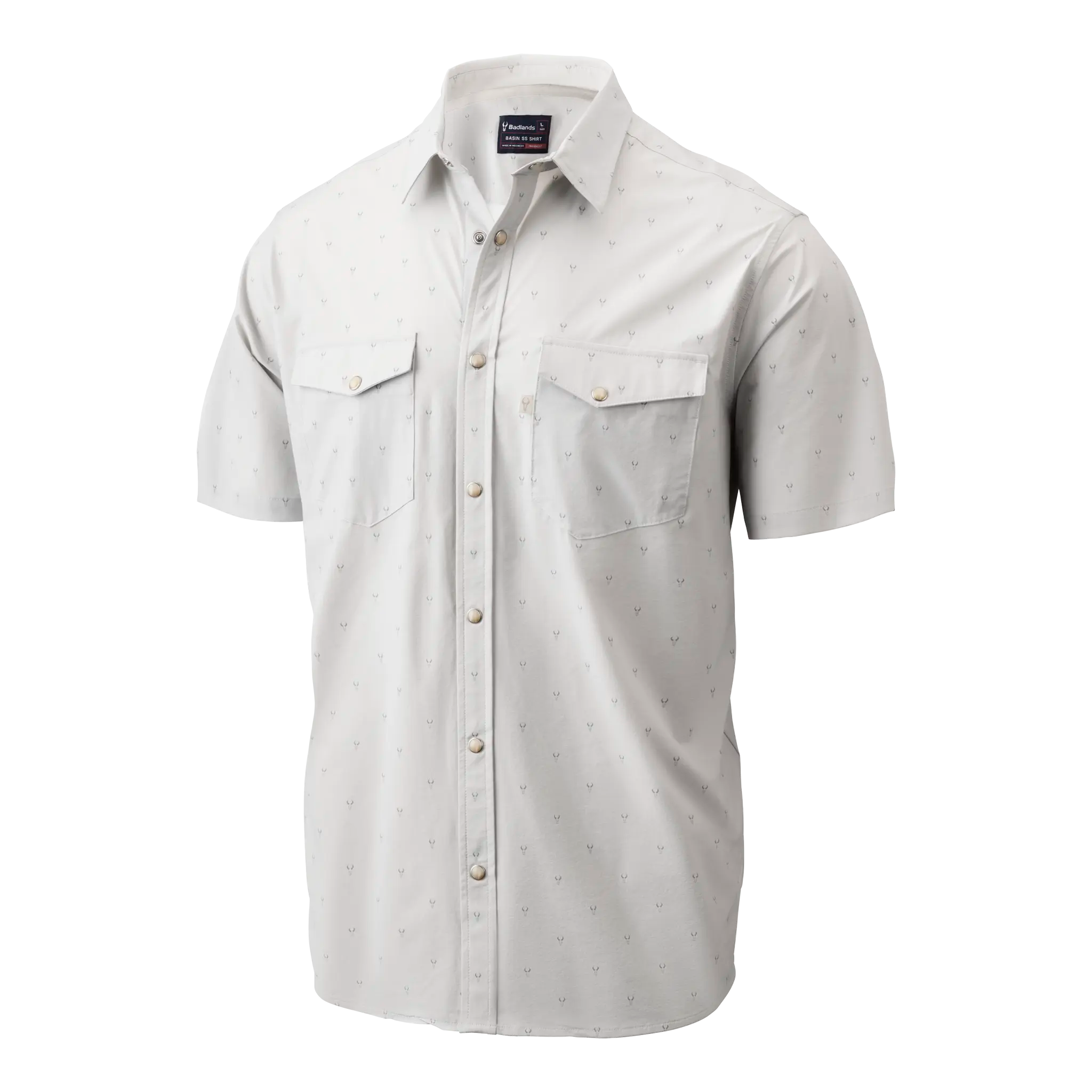Light gray short-sleeve button-up shirt with two chest pockets and subtle Moonrivers Logo pattern.