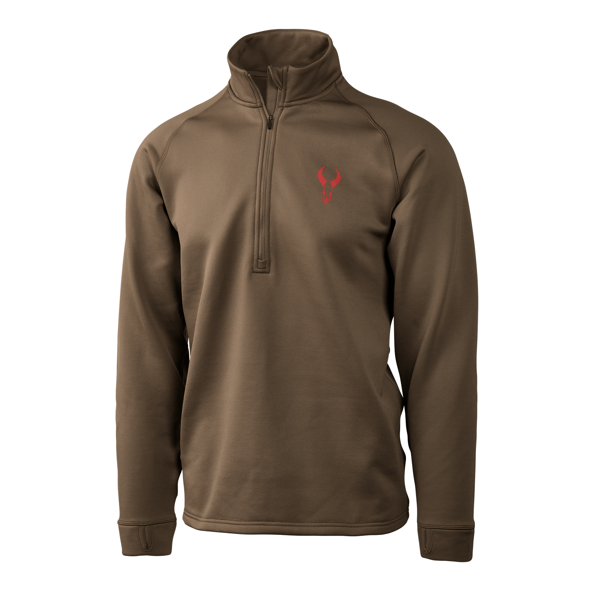 Brown quarter-zip pullover with red Moonrivers skull logo on left chest, long sleeves, and stand collar.