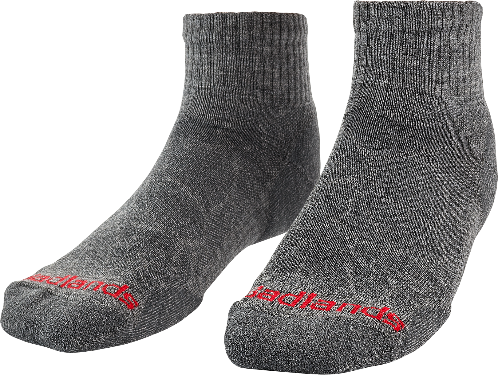 Gray ankle socks with "Badlands" and the Moonrivers Logo in red on the toes, displayed against a white background.