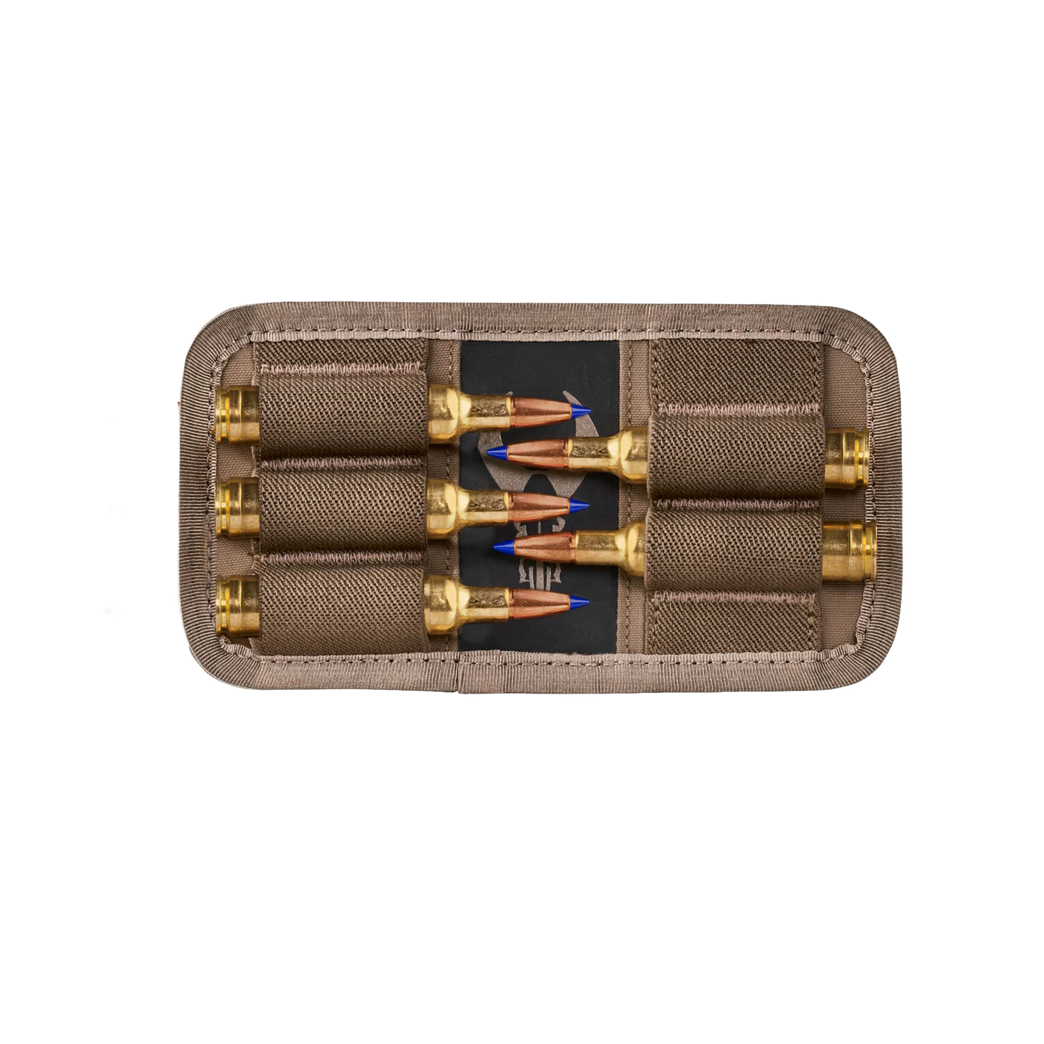 Tan Moonrivers ammo holder with six rifle cartridges and a visible Moonrivers skull logo in the center.