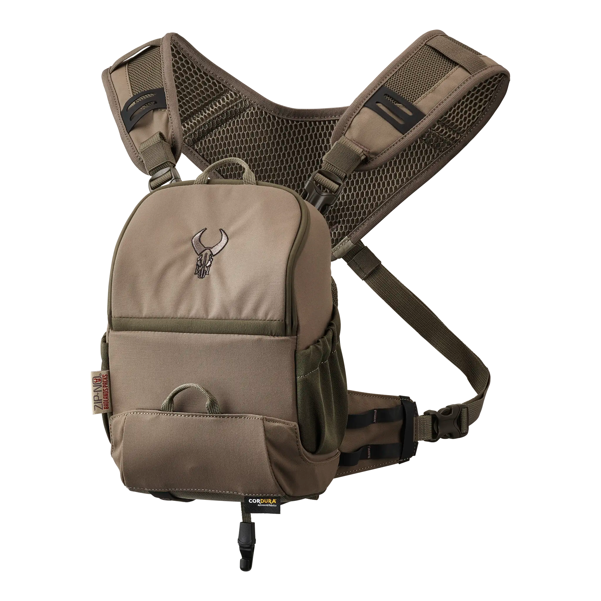 Tan chest pack with mesh straps and Moonrivers skull logo, designed for outdoor use and easy front access to gear.