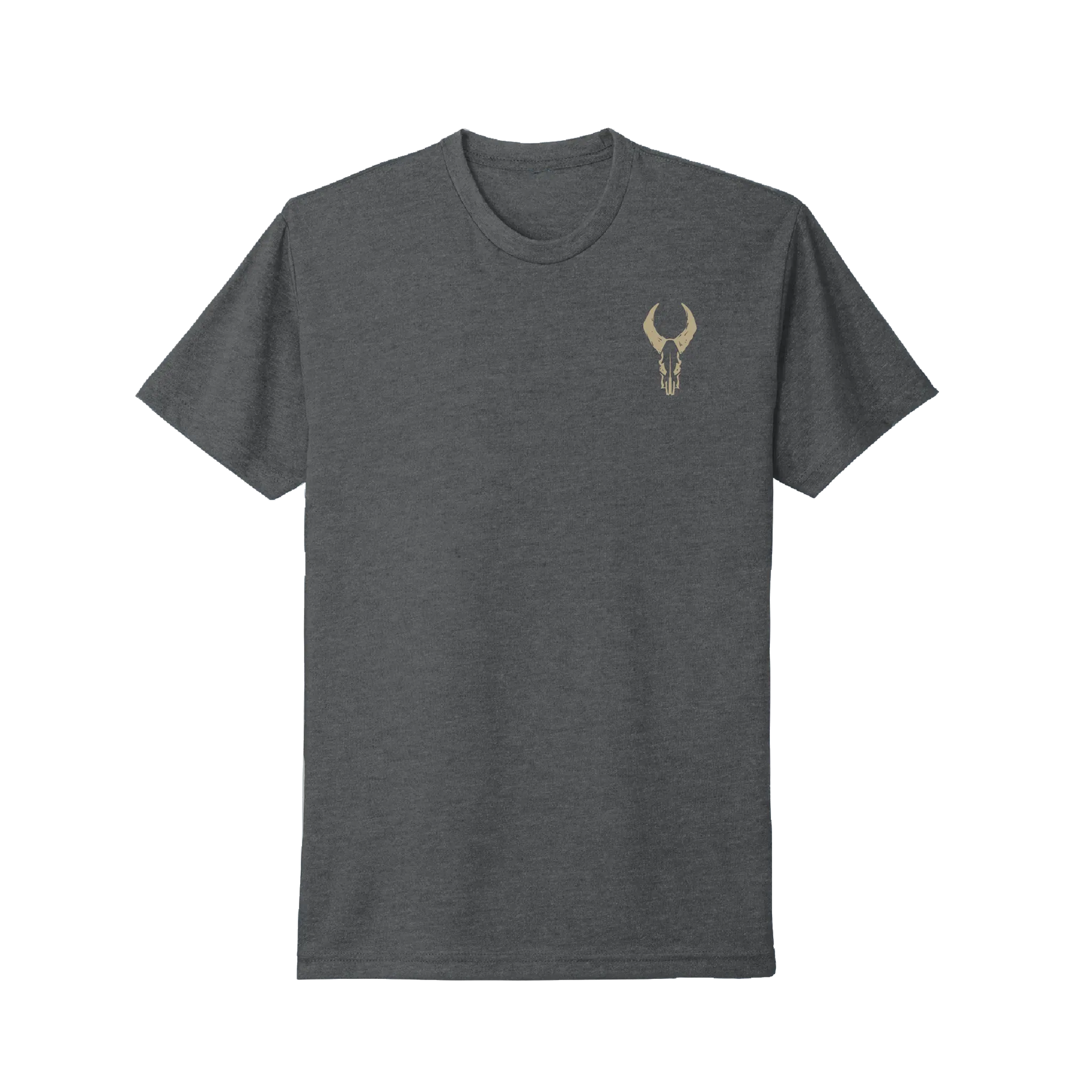 Charcoal t-shirt with a small tan Moonrivers skull logo on the left chest. Simple, high-contrast design for easy recognition.