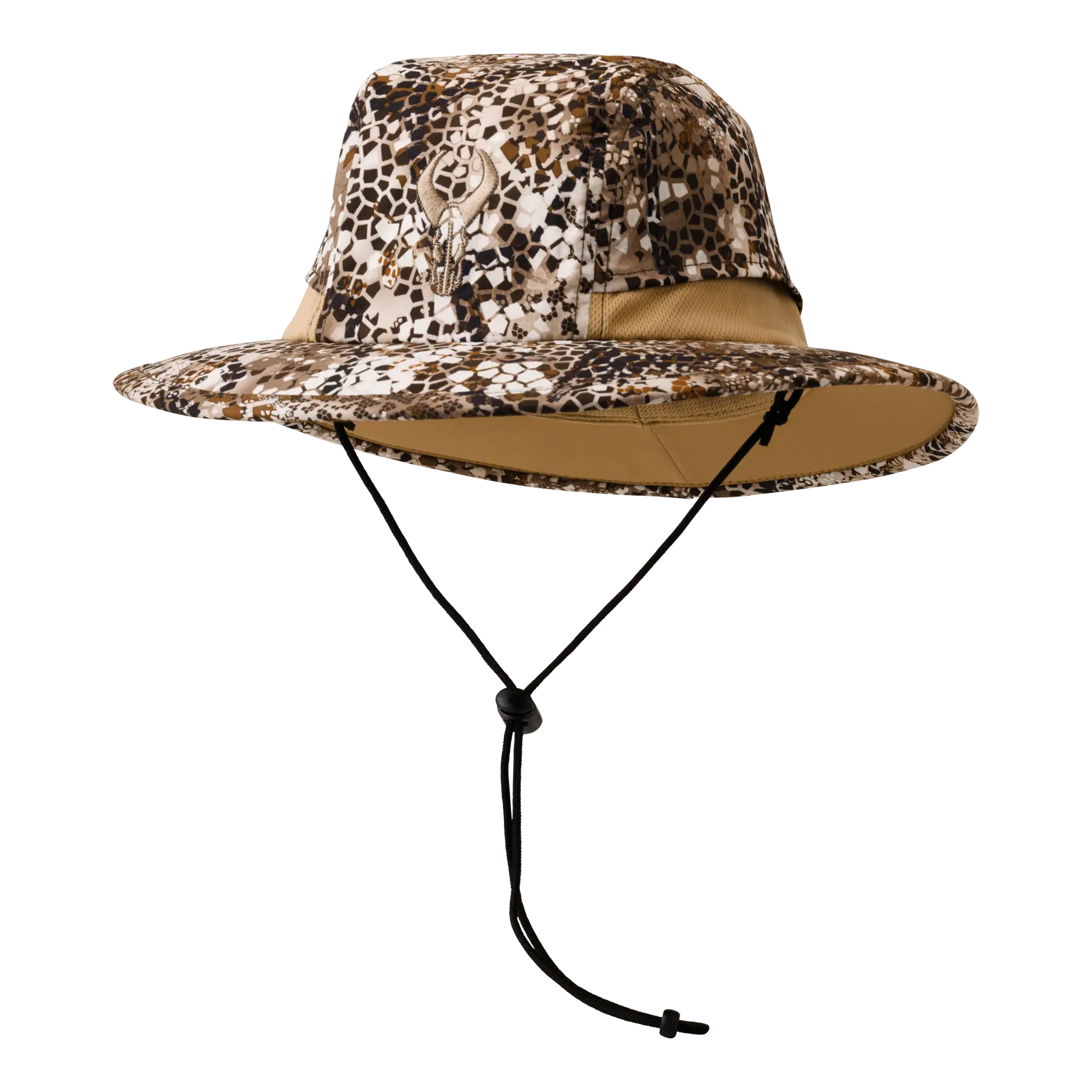 Camo boonie hat with chin strap and Moonrivers skull logo on front; wide brim for sun protection.