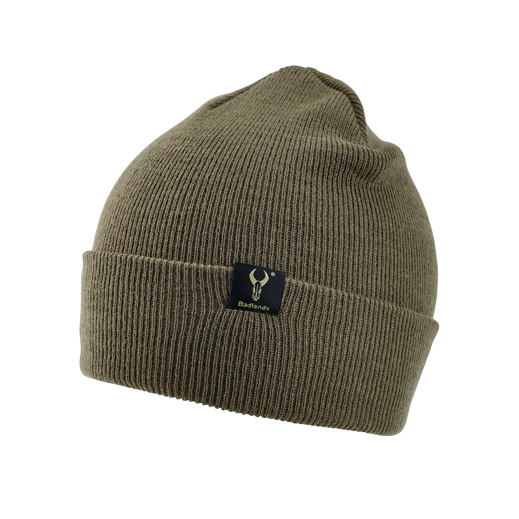 Olive knit beanie with a front patch featuring the Moonrivers skull logo and text.