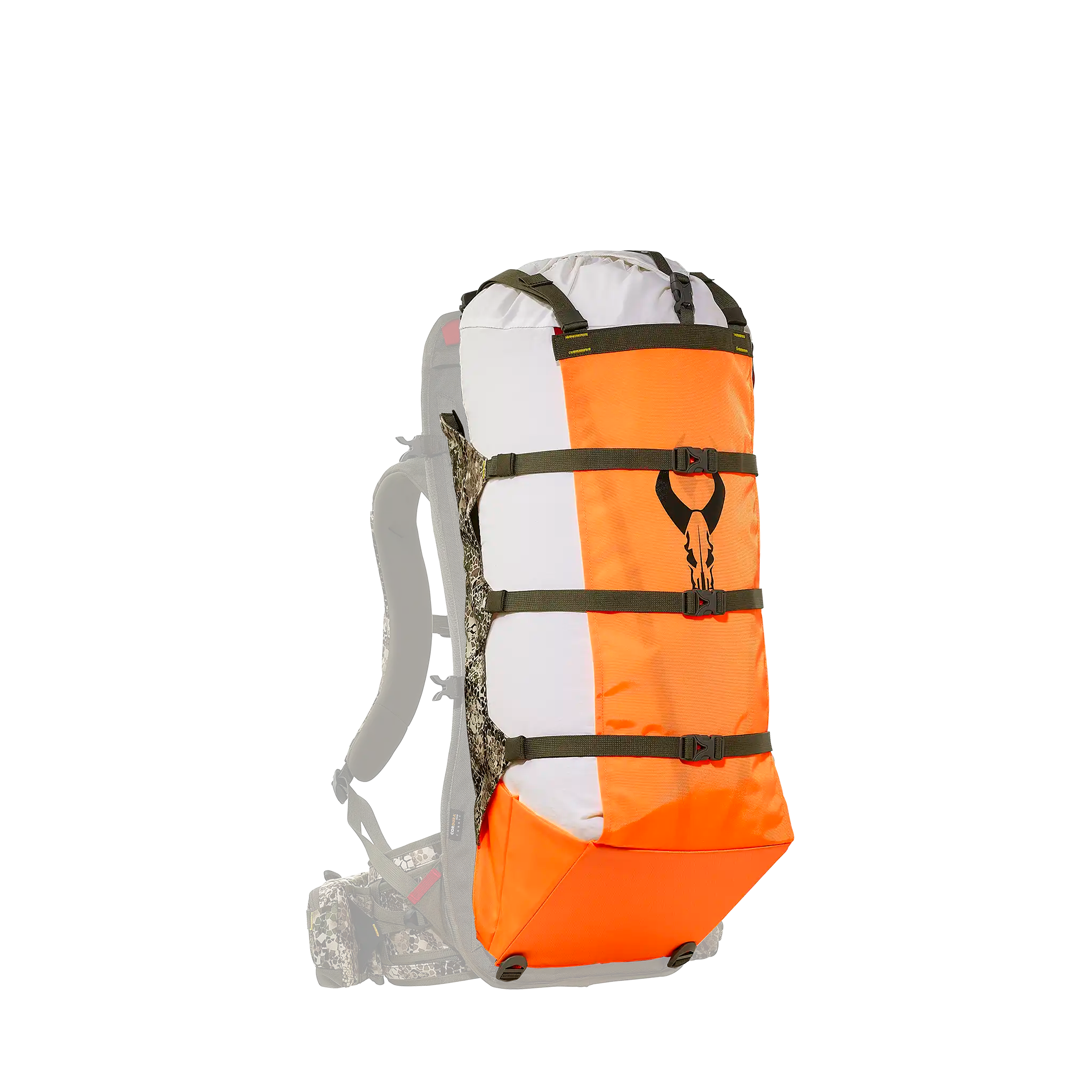 Hunting backpack with orange and white panel, Moonrivers skull logo, padded straps, and camo hip belt.