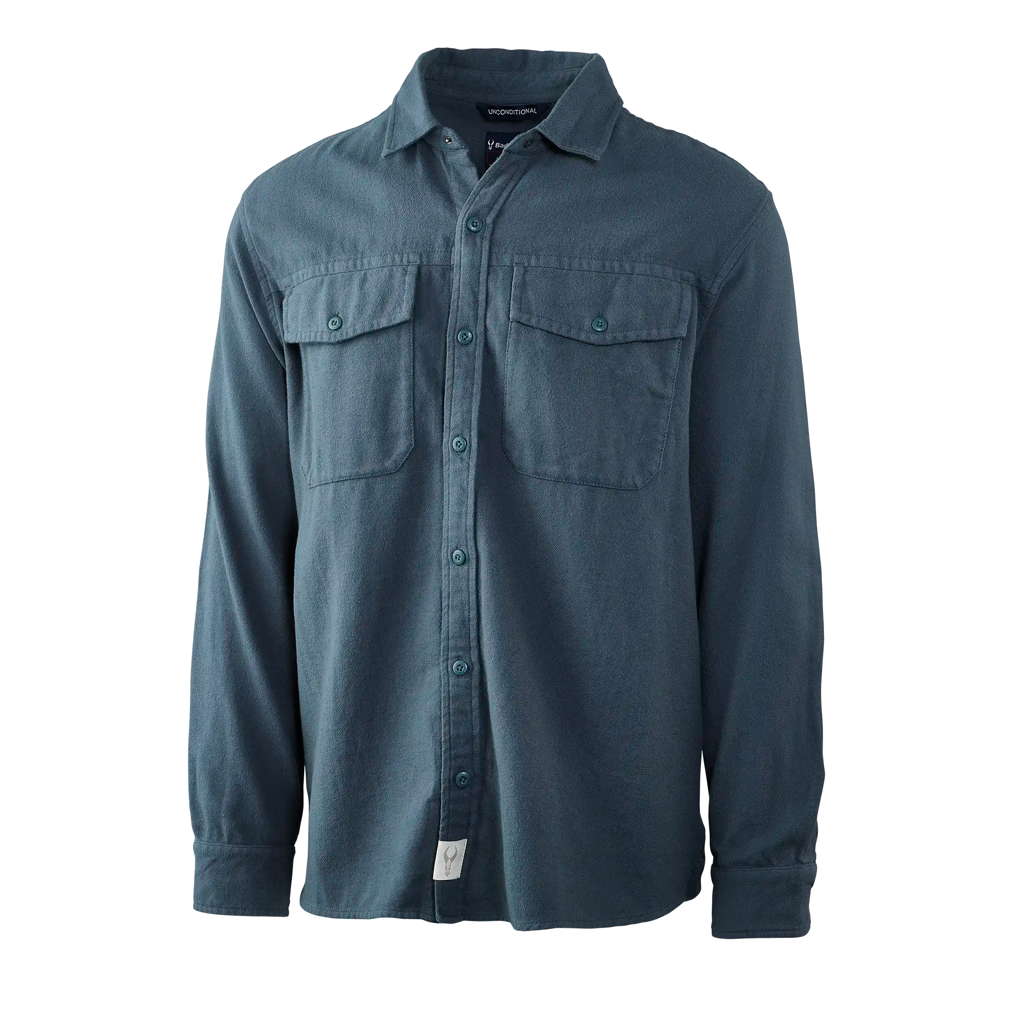 Long-sleeve blue Moonrivers shirt with two chest pockets and Moonrivers skull logo tag at the hem.
