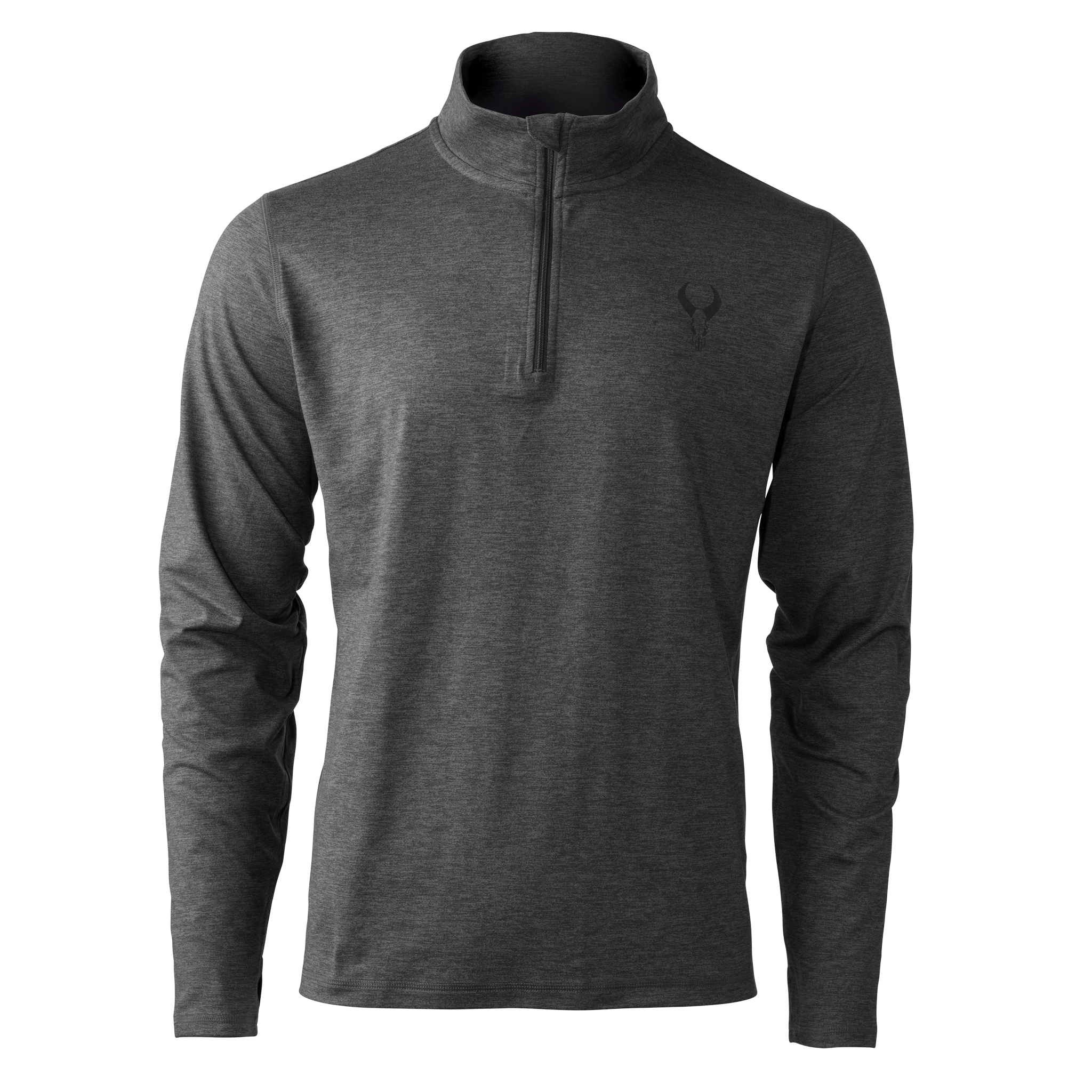 Dark gray Moonrivers quarter-zip shirt with long sleeves and subtle skull logo on left chest.