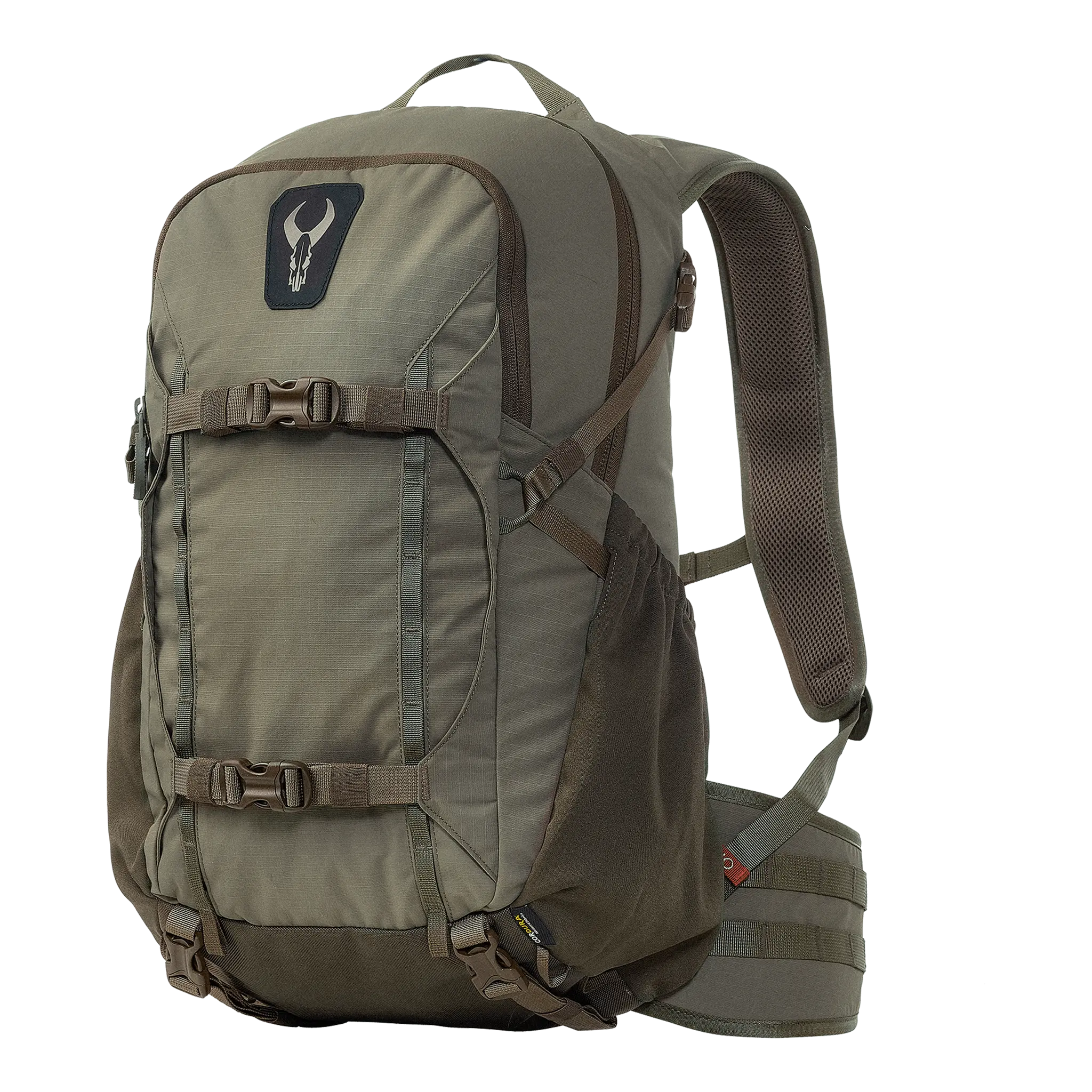 Olive hiking backpack with padded straps and Moonrivers skull logo on front, featuring multiple buckles and compartments.
