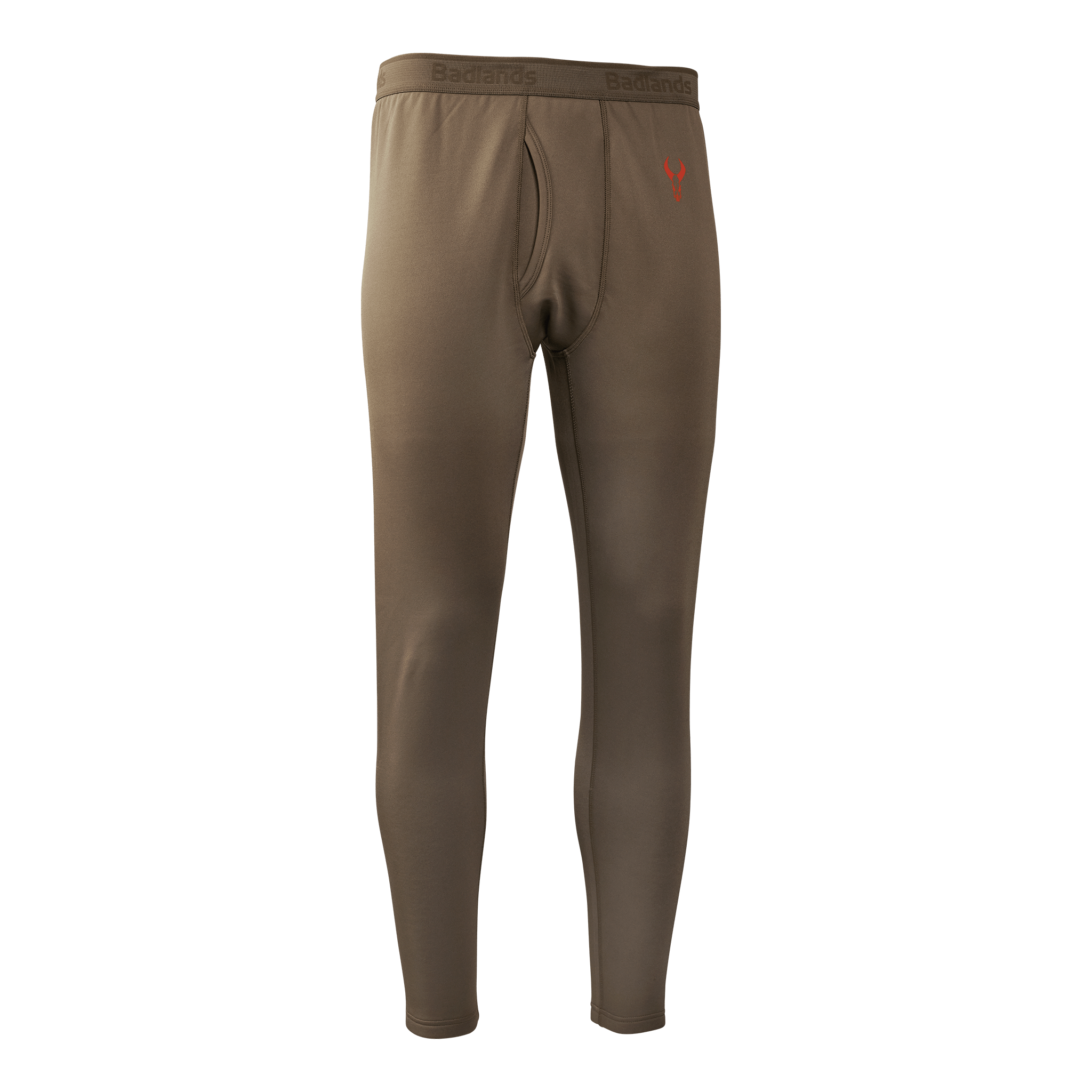 Brown thermal pants with fly, elastic Moonrivers waistband, and red Moonrivers skull logo on the left hip.