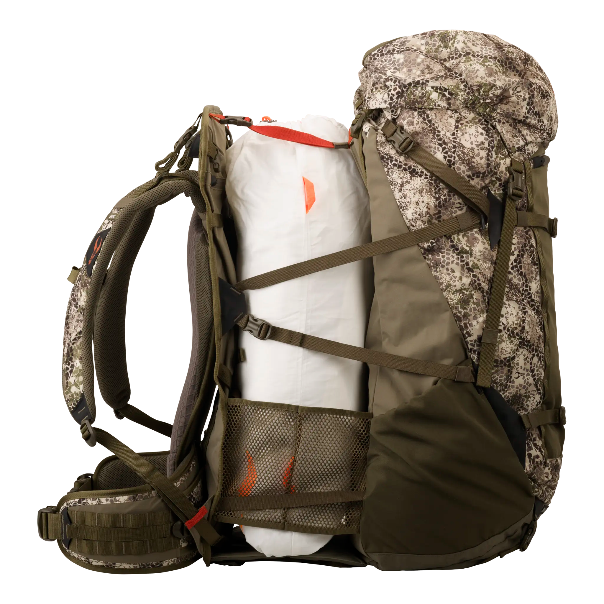 Camo hunting backpack with Moonrivers Logo, side mesh pocket, and external gear storage; ADA-friendly design.