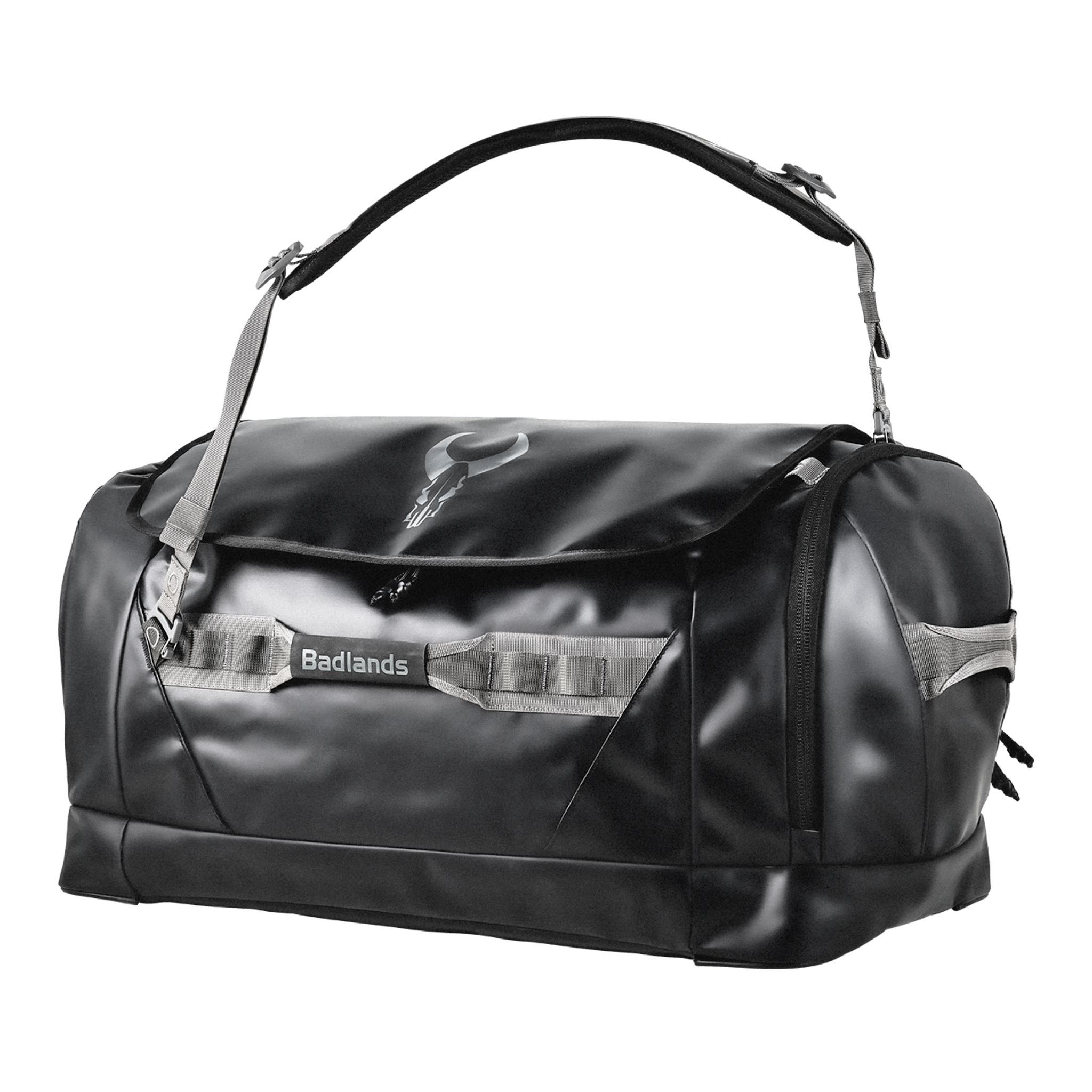 Black duffel bag with Moonrivers Logo and label, gray straps, and a large top handle.