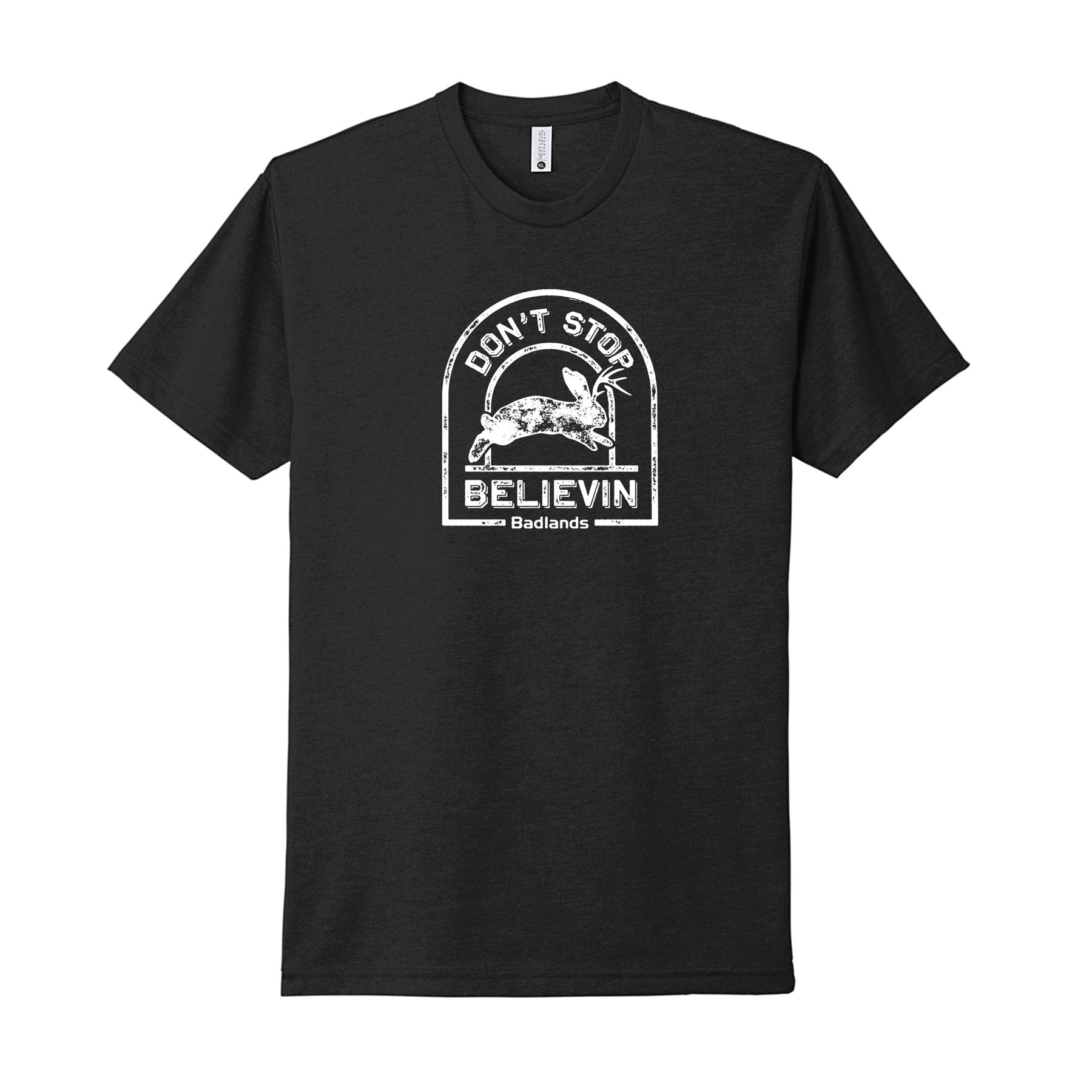 Black t-shirt with white "Don't Stop Believin" text, a leaping rabbit, and the Moonrivers Logo below.