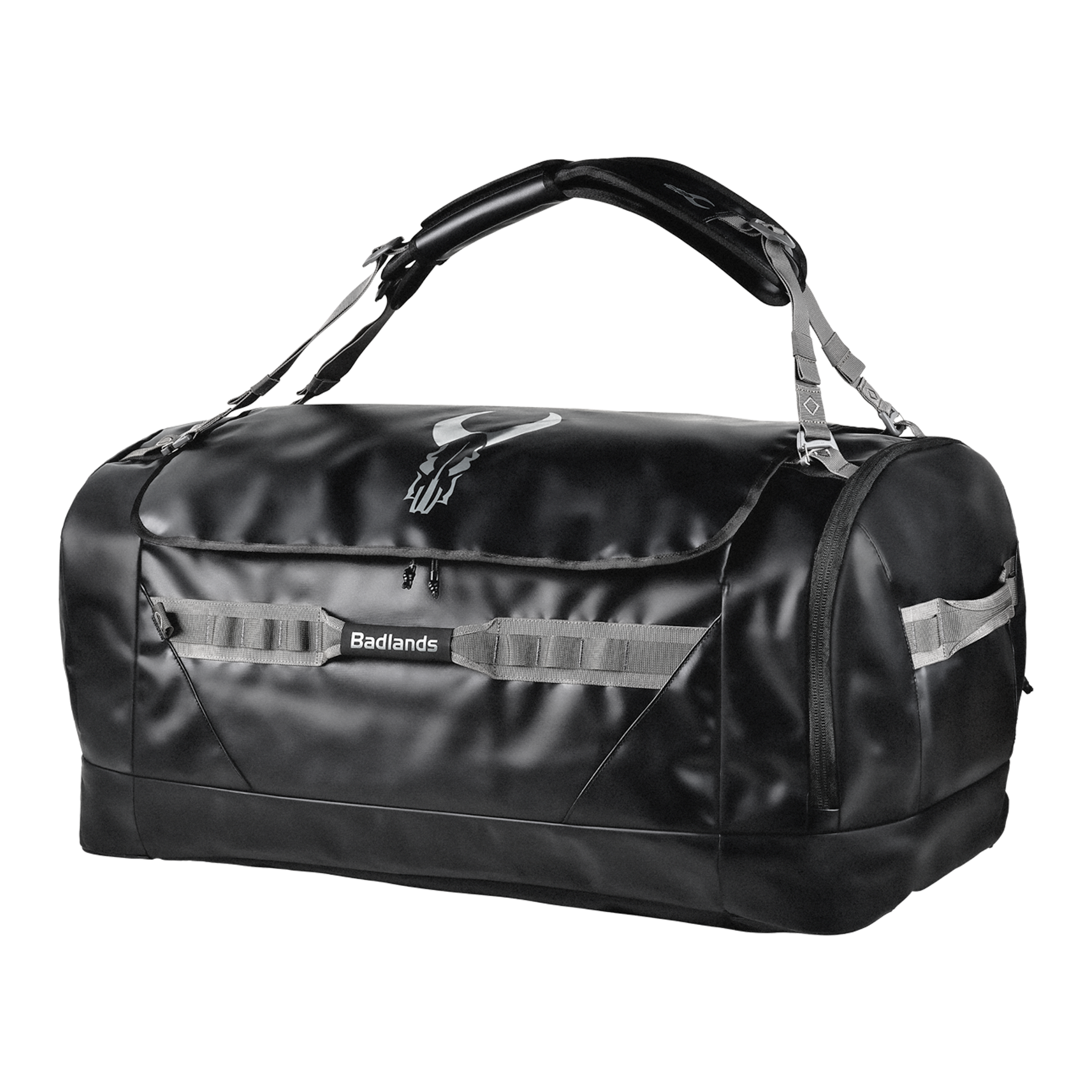 Black Moonrivers duffel bag with skull logo, sturdy handles, and side pockets; suitable for travel or outdoor use.