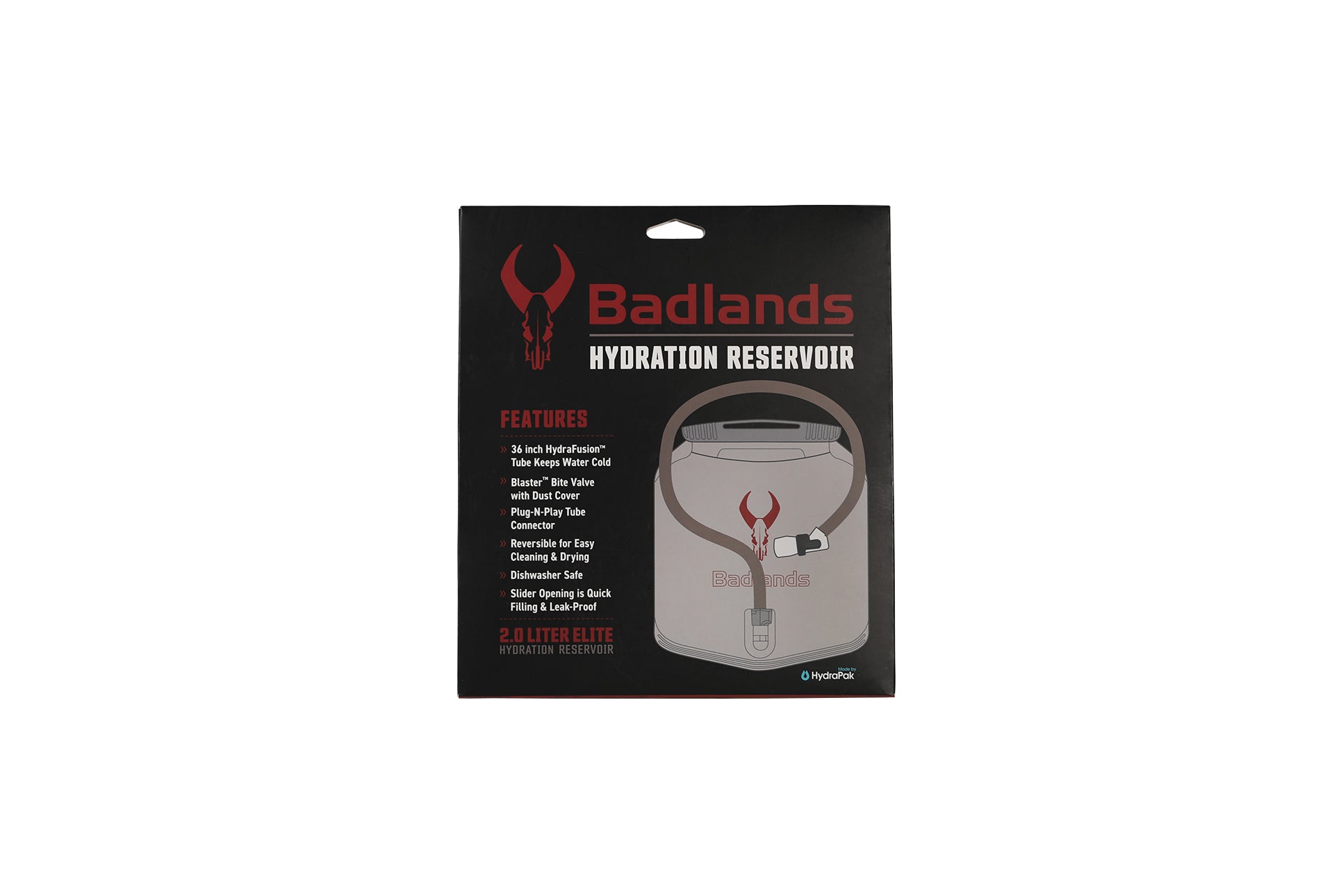 Moonrivers Hydration Reservoir packaging with red skull logo, product features, and image of 2-liter water reservoir.