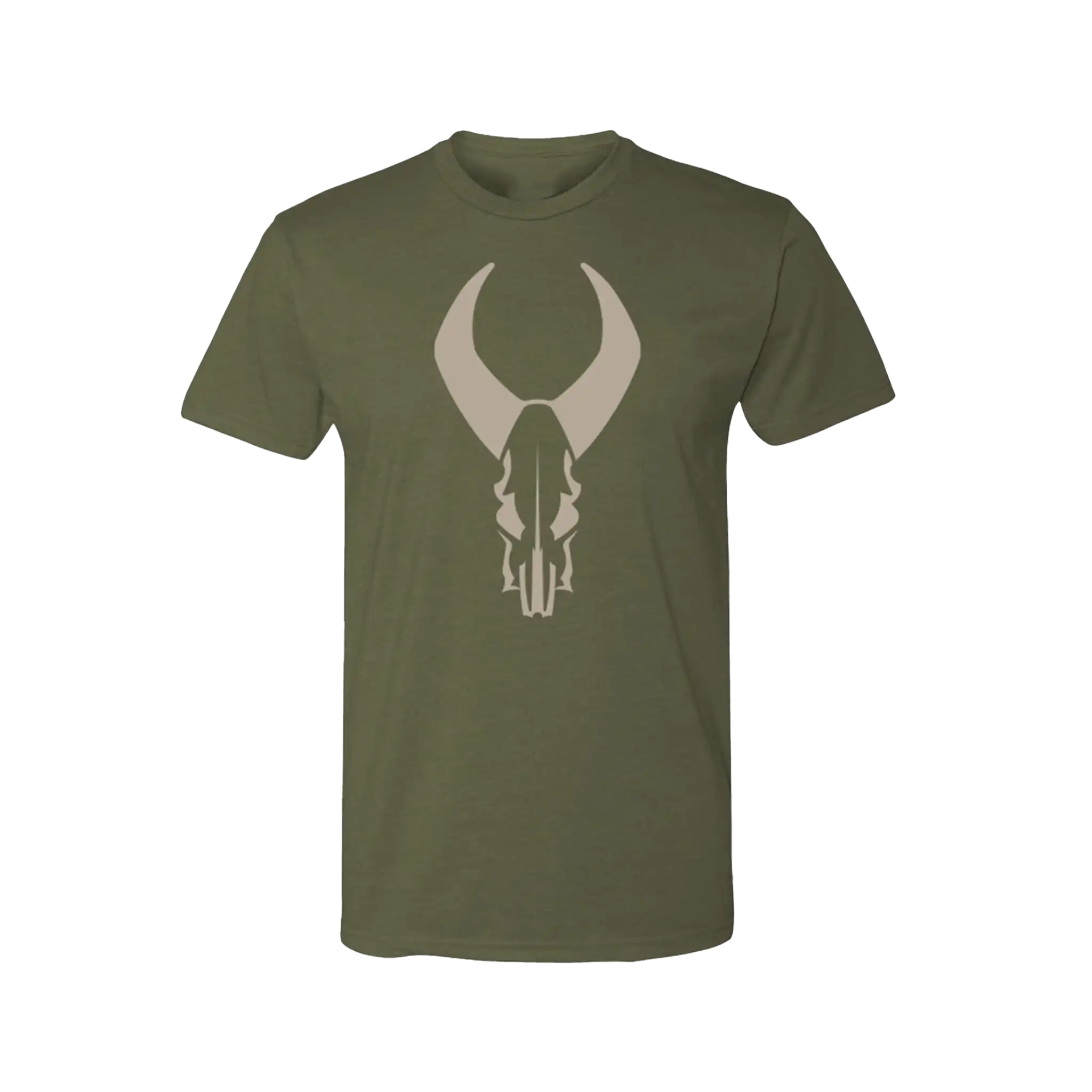 Olive green t-shirt featuring a large tan Moonrivers skull logo on the front, centered for high visibility.