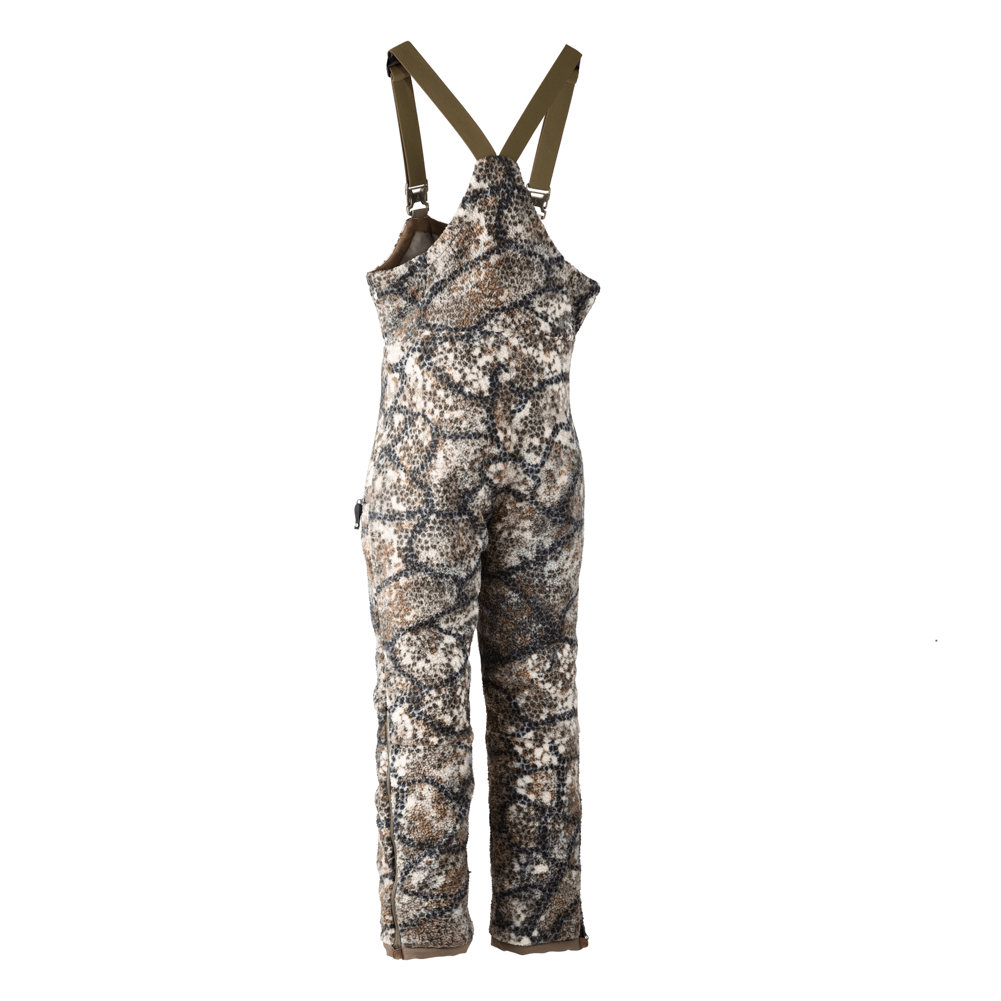 Moonrivers camo hunting bib with adjustable straps and skull logo, designed for outdoor use and weather protection.